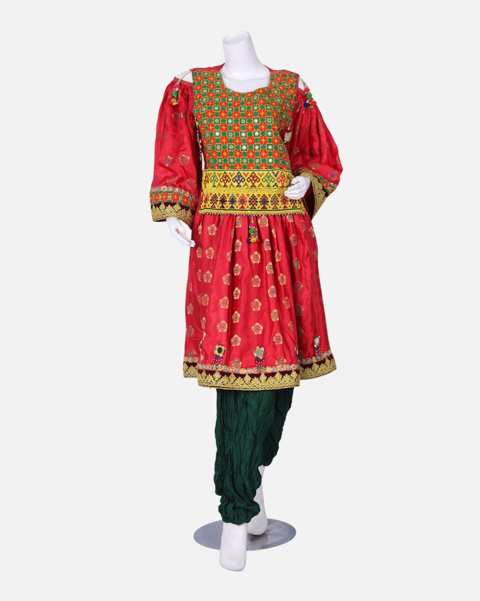 Traditional Afghan Gand Dress | Red with Green Embroidery