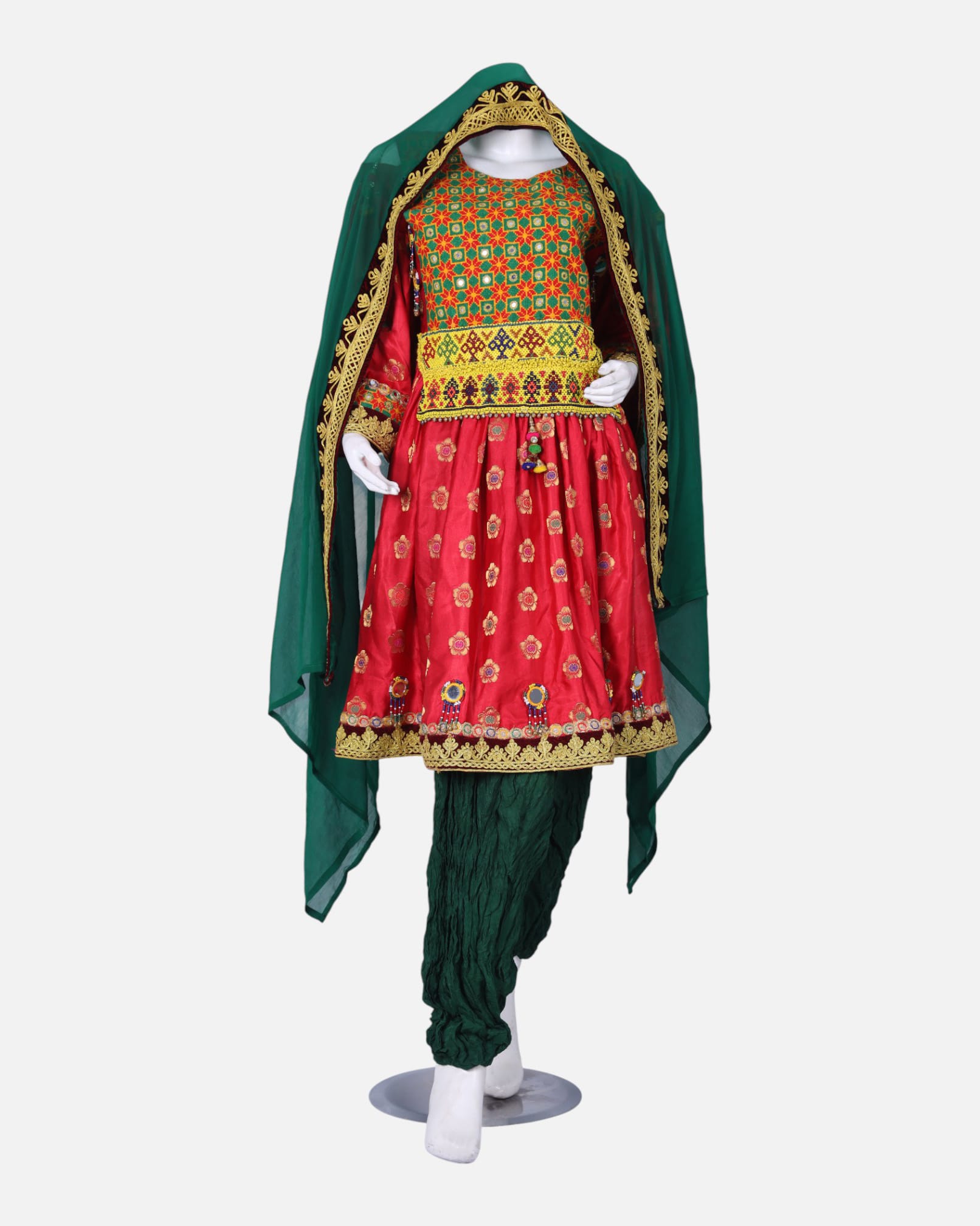 Traditional Afghan Gand Dress | Red with Green Embroidery