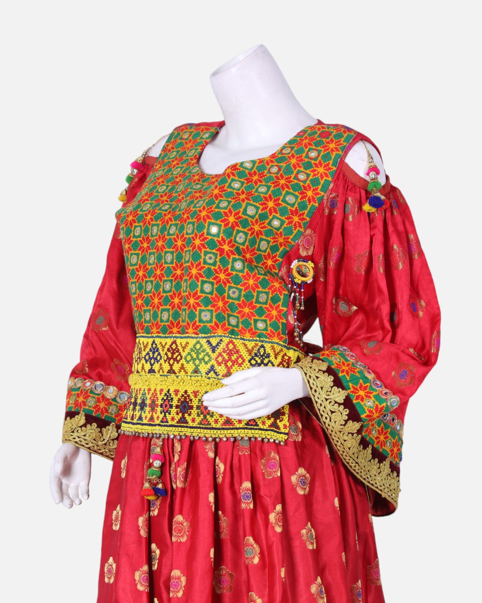 Traditional Afghan Gand Dress | Red with Green Embroidery
