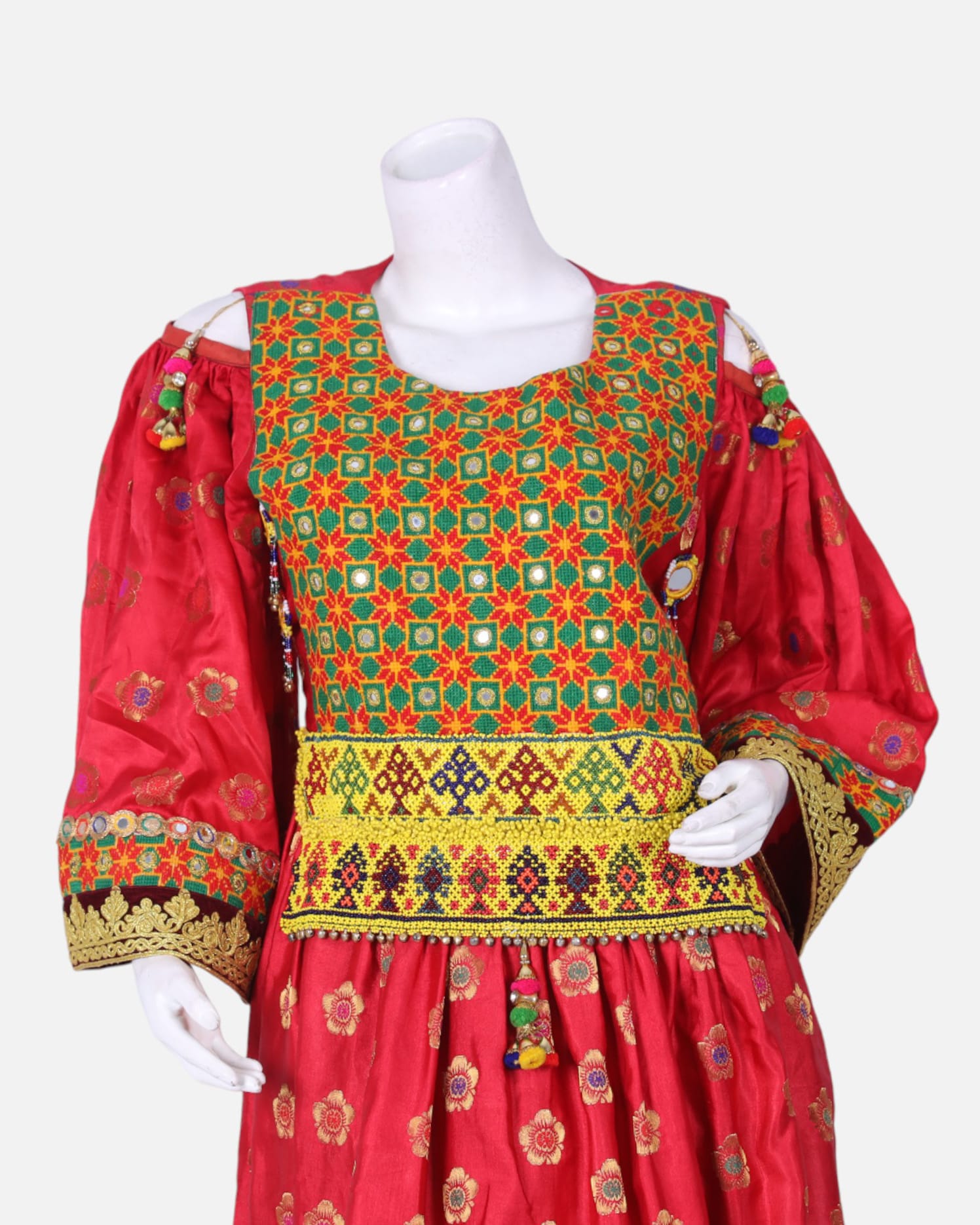 Traditional Afghan Gand Dress | Red with Green Embroidery