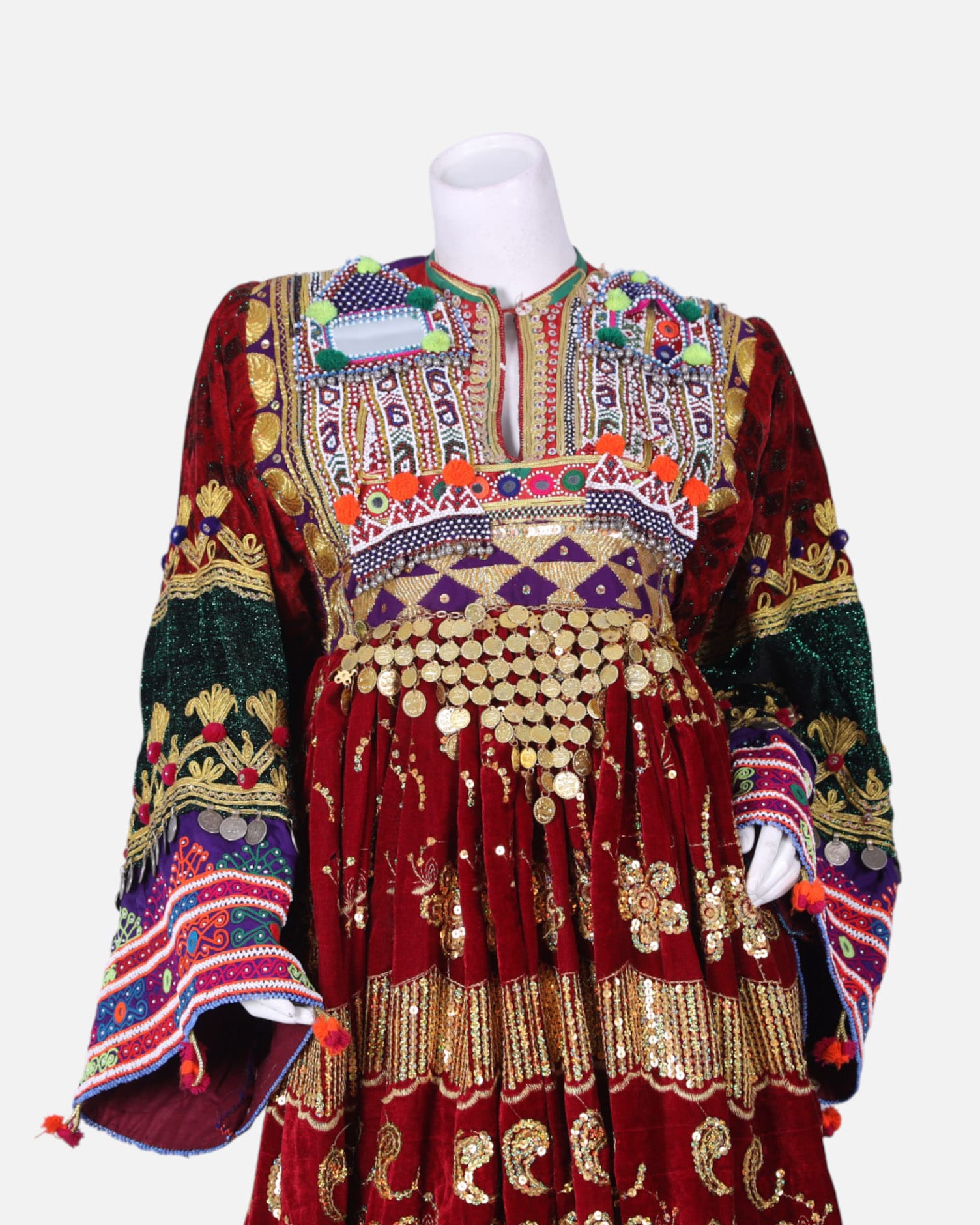 Traditional Afghan Gand Dress | Red with Mirror Work