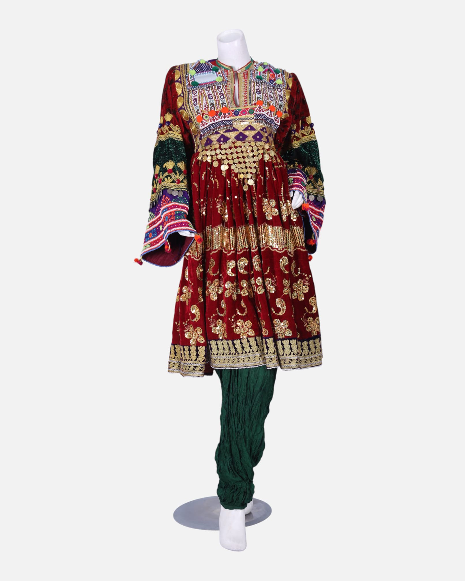 Traditional Afghan Gand Dress | Red with Mirror Work