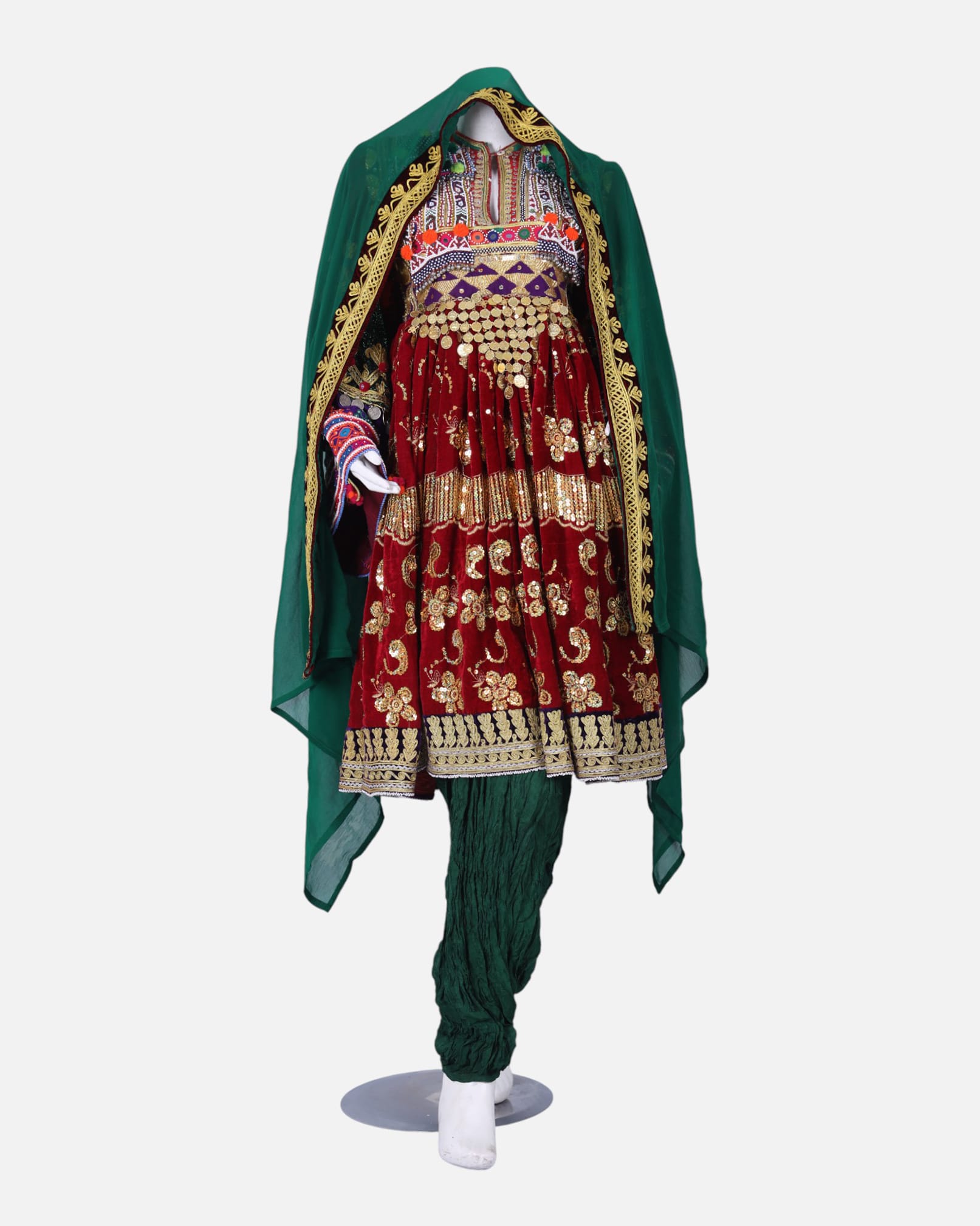Traditional Afghan Gand Dress | Red with Mirror Work