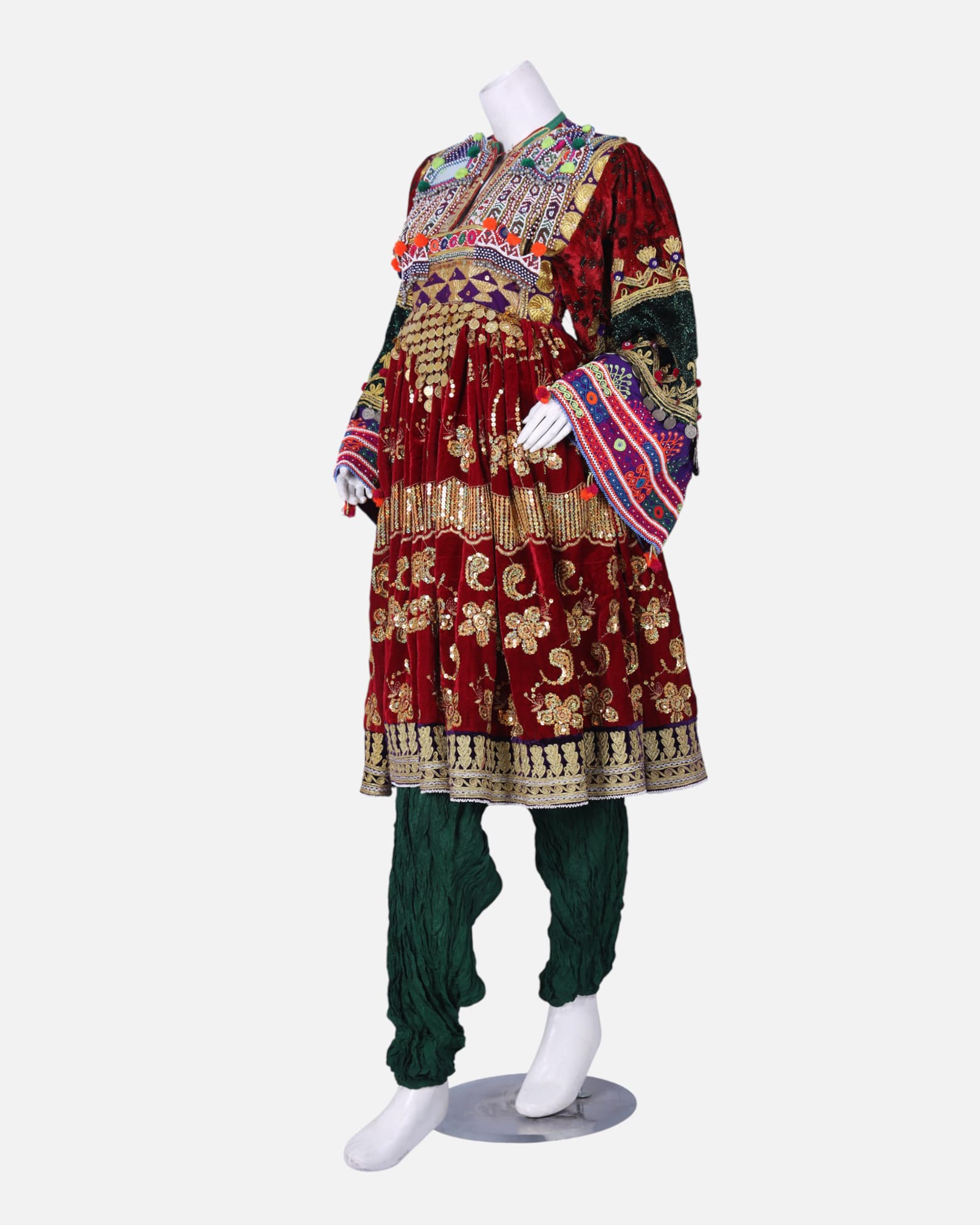 Traditional Afghan Gand Dress | Red with Mirror Work