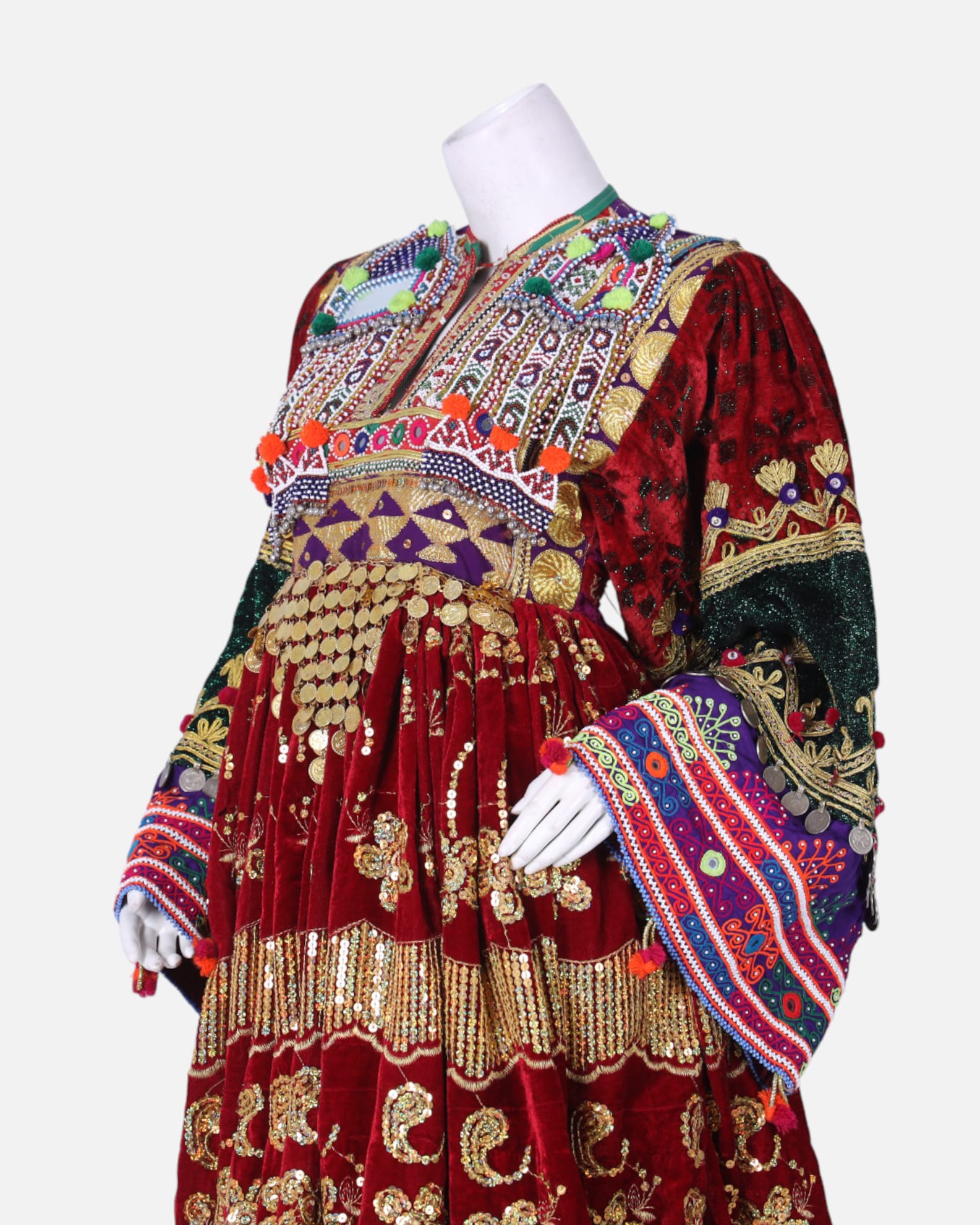 Traditional Afghan Gand Dress | Red with Mirror Work