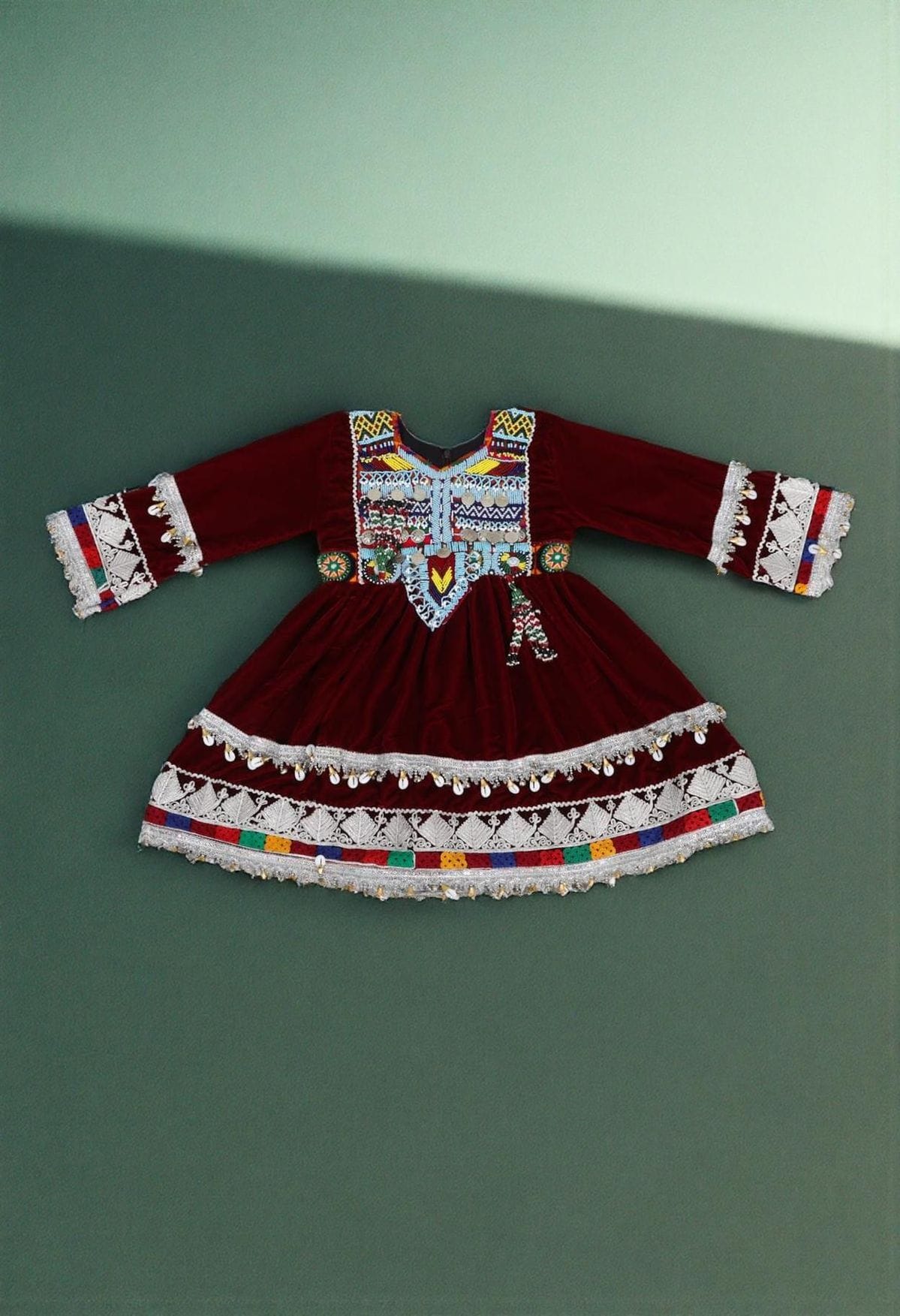 Burgundy Velvet Traditional Afghan Girl’s Dress with Colorful Embroidery and Coin Detailing