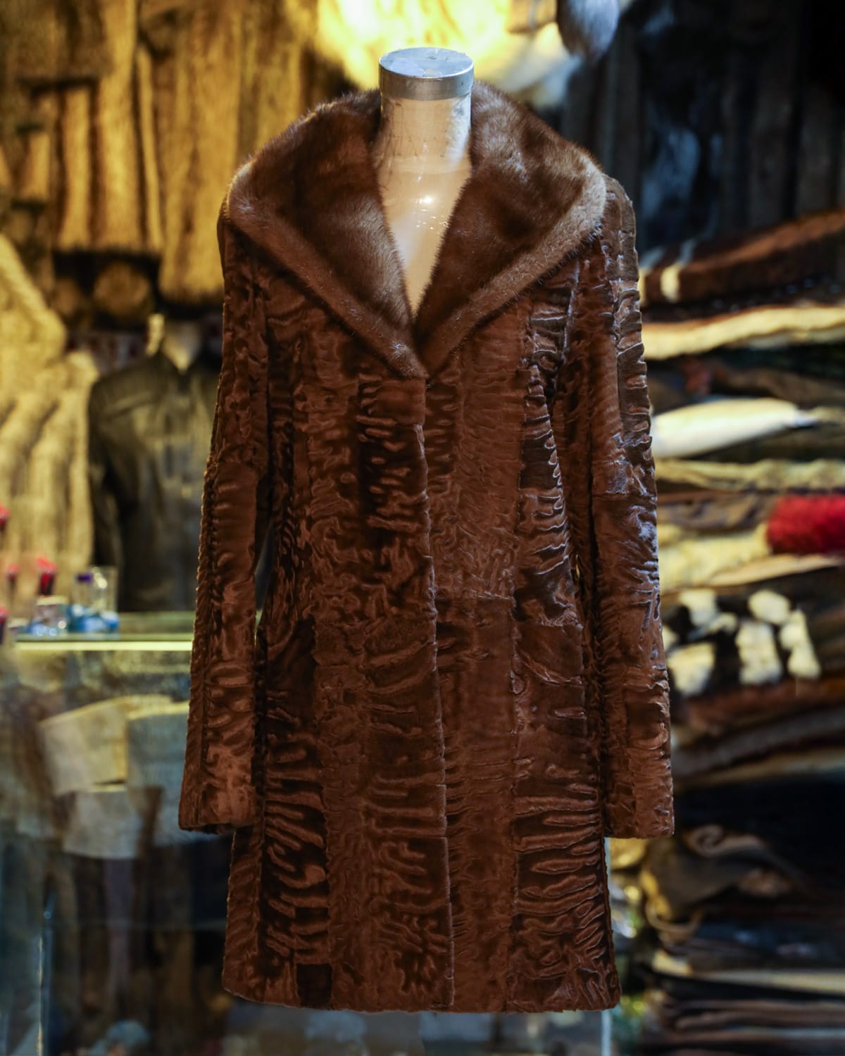 Premium Karakul Fur Coat Handmade Natural Brown Overcoat