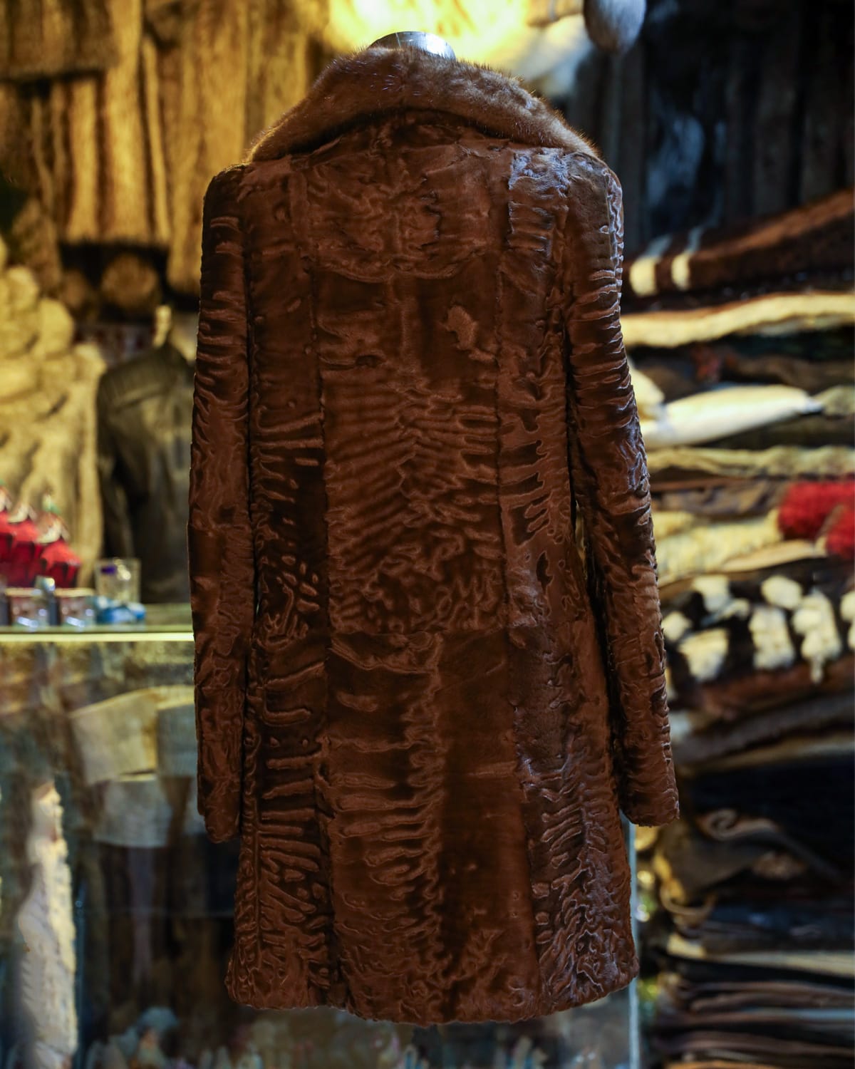 Premium Karakul Fur Coat Handmade Natural Brown Overcoat