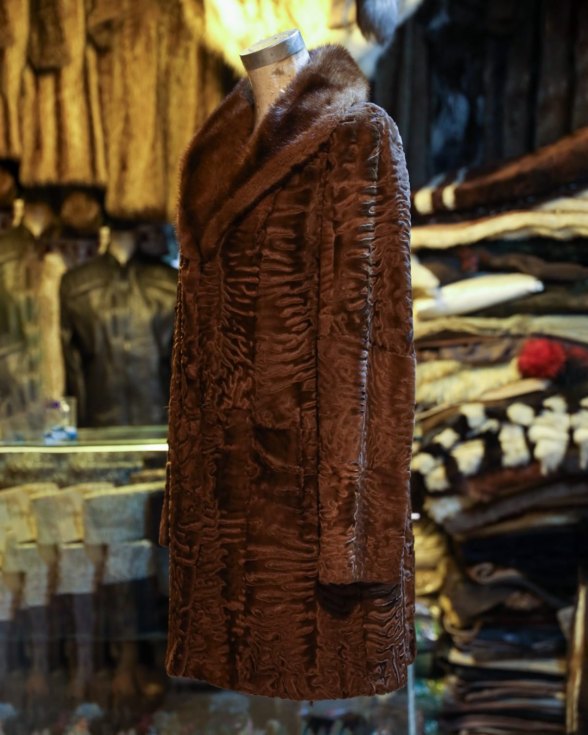 Premium Karakul Fur Coat Handmade Natural Brown Overcoat