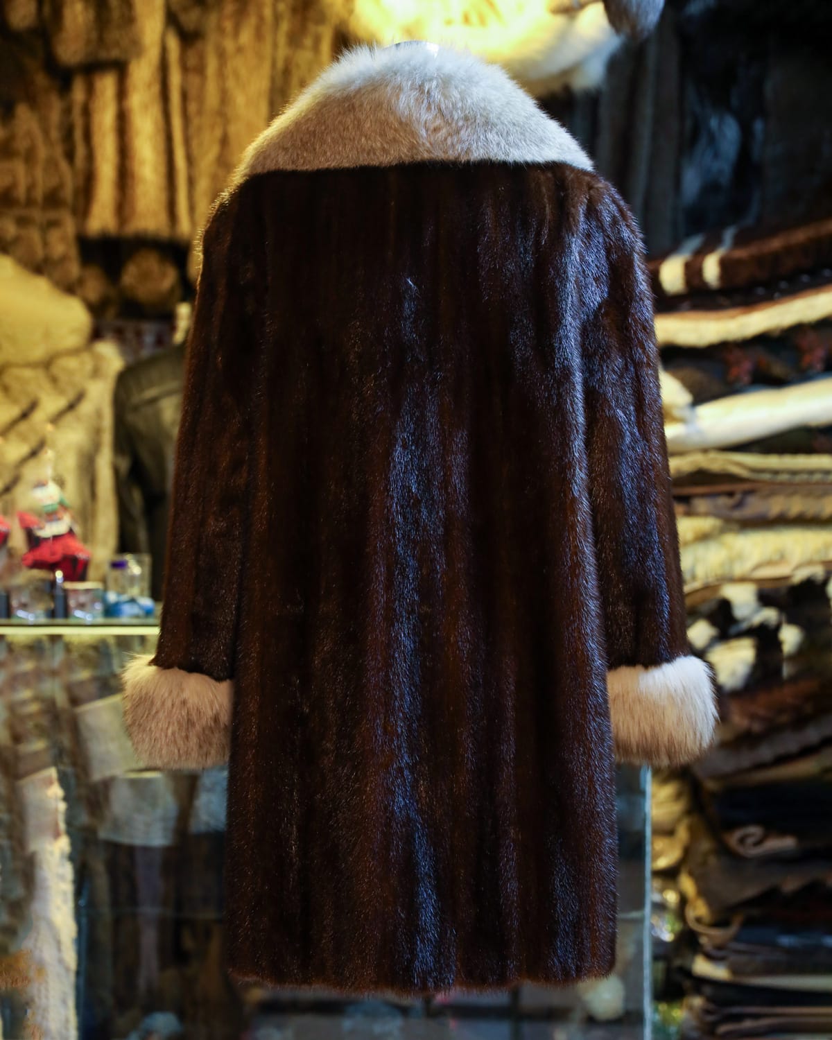 Elegant Brown Mink Fur Coat with Plush Collar and Cuffs