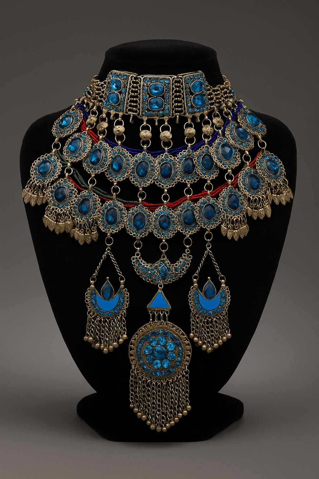 Blue Vintage Bridal Jewelry Set | Afghani Choker Necklace, Hook Earrings & Headpiece