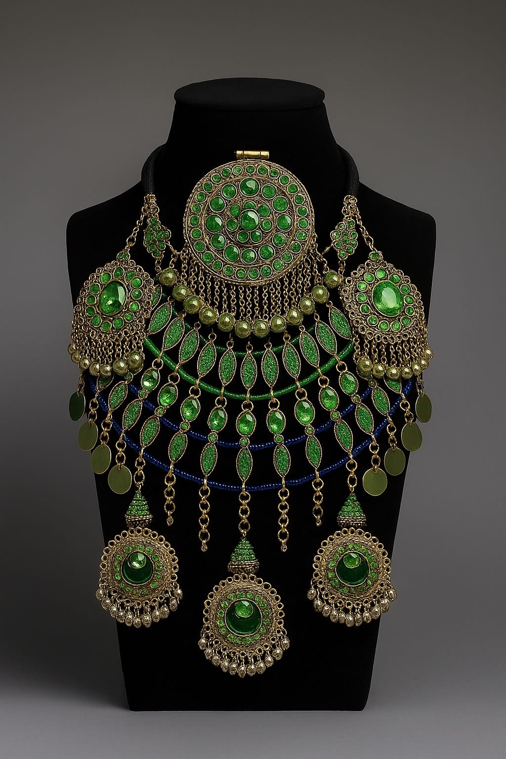 Green Vintage Bridal Jewelry Set | Afghani Choker Necklace, Hook Earrings & Headpiece