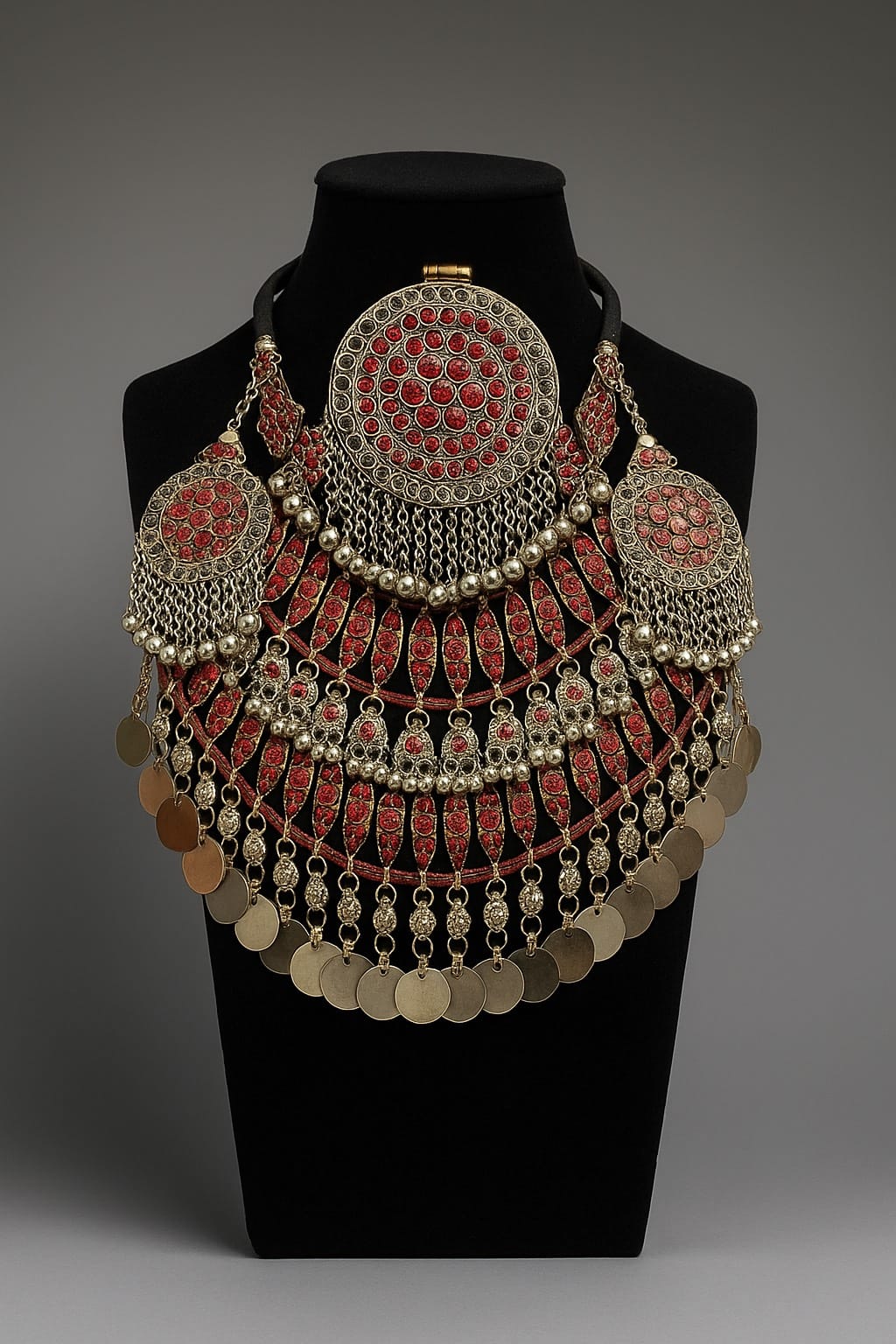 Red Vintage Bridal Jewelry Set | Afghani Choker Necklace, Hook Earrings & Headpiece