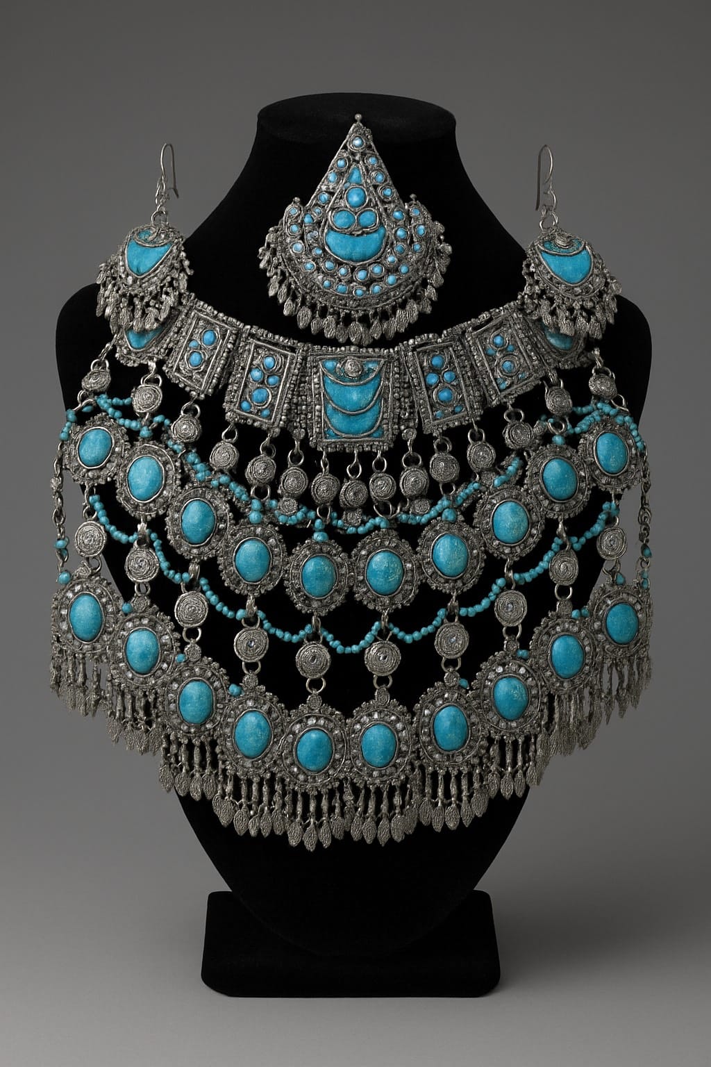 Blue Turqouise Vintage Bridal Jewelry Set | Afghani Choker Necklace, Hook Earrings & Headpiece