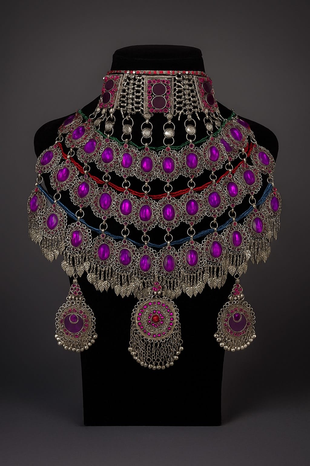 Pink Vintage Bridal Jewelry Set | Afghani Choker Necklace, Hook Earrings & Headpiece