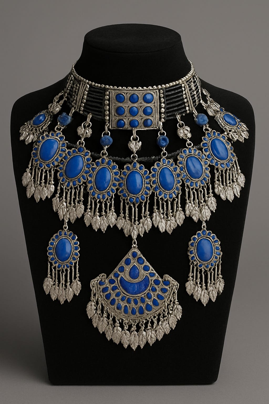 Lapis Lazuli Vintage Bridal Jewelry Set | Afghani Choker Necklace, Hook Earrings & Headpiece