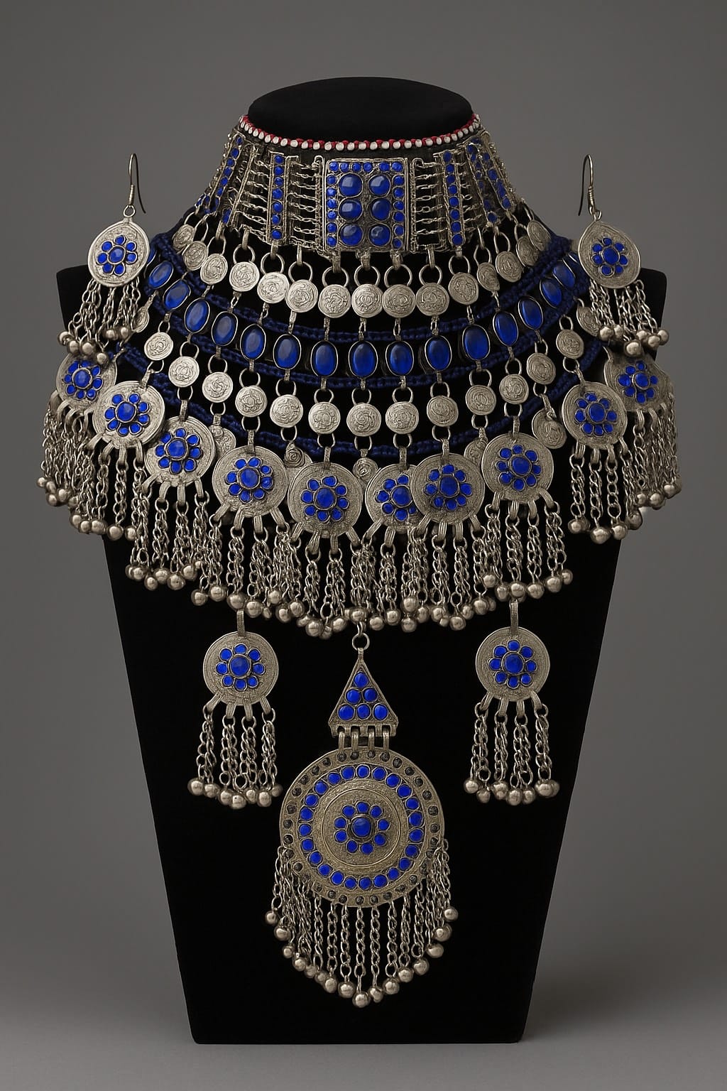 Antique Blue Stone Vintage Bridal Jewelry Set | Afghani Choker Necklace, Hook Earrings & Headpiece