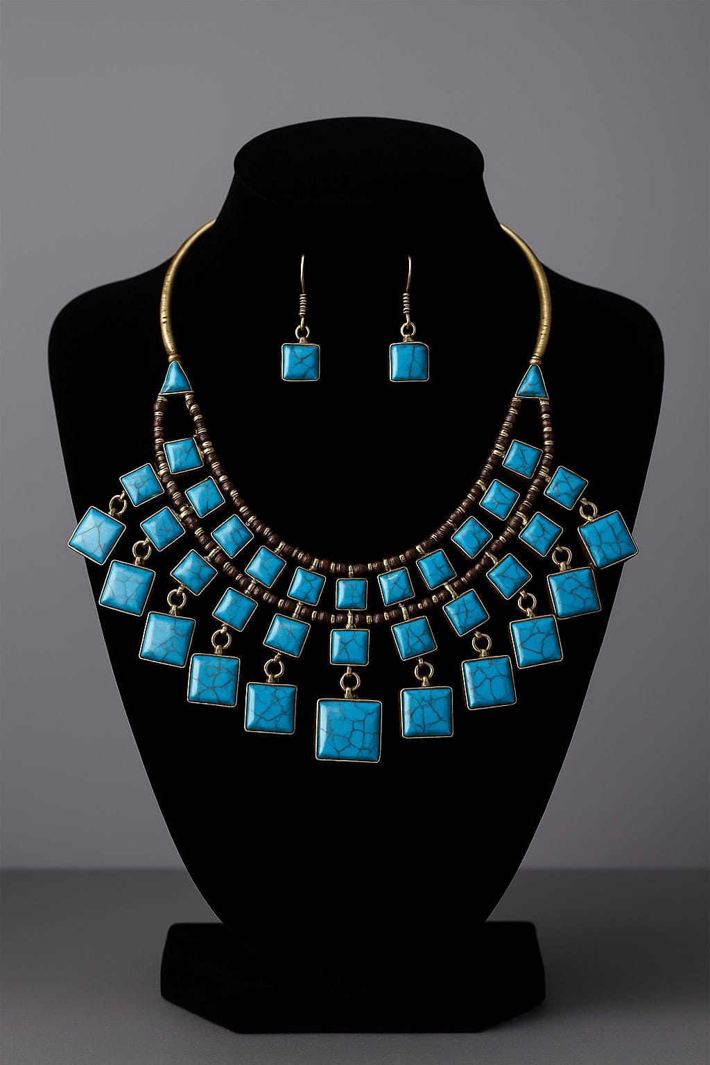 Blue Turqouise Antique Jewelry Set | Double Stranded Necklace and Earrings