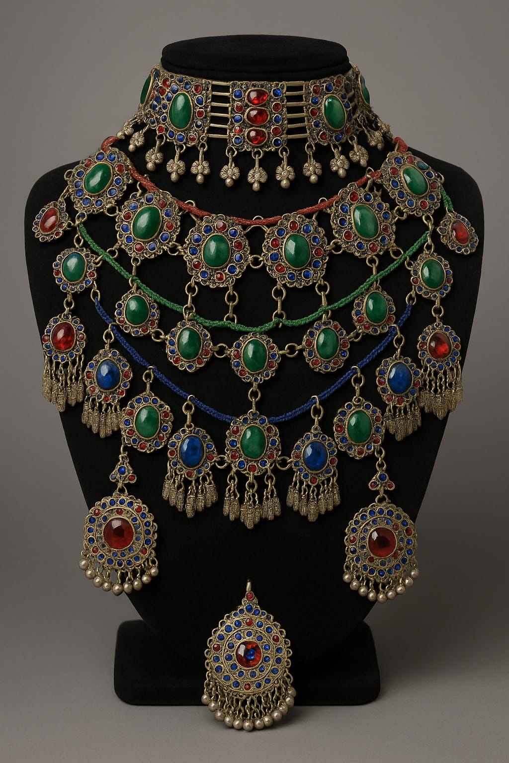 Vintage Bridal Jewelry Set | Afghani Choker Necklace, Hook Earrings & Headpiece