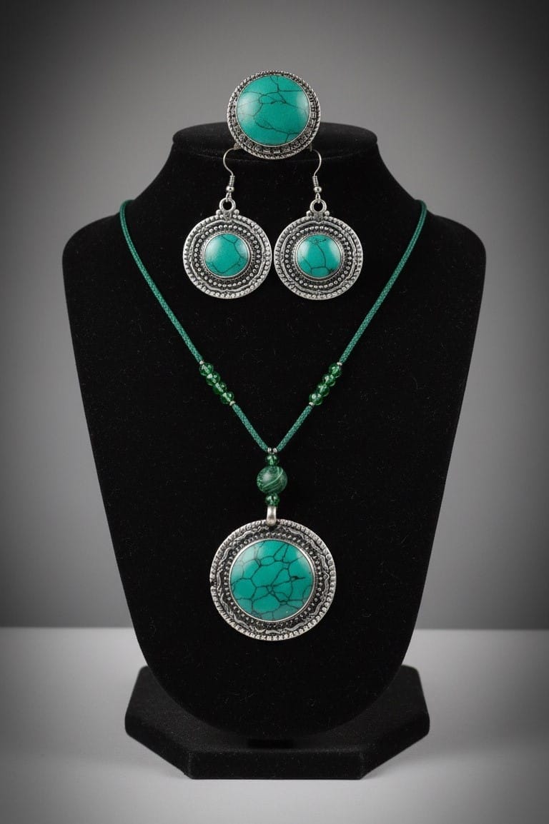 Green Turquoise Pendant|Traditional Style Necklace | Necklace, Hook Earrings and Headpiece