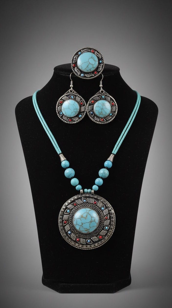 BlueTurquoise Pendant, Traditional Style Necklace, Necklace, Hook Earrings