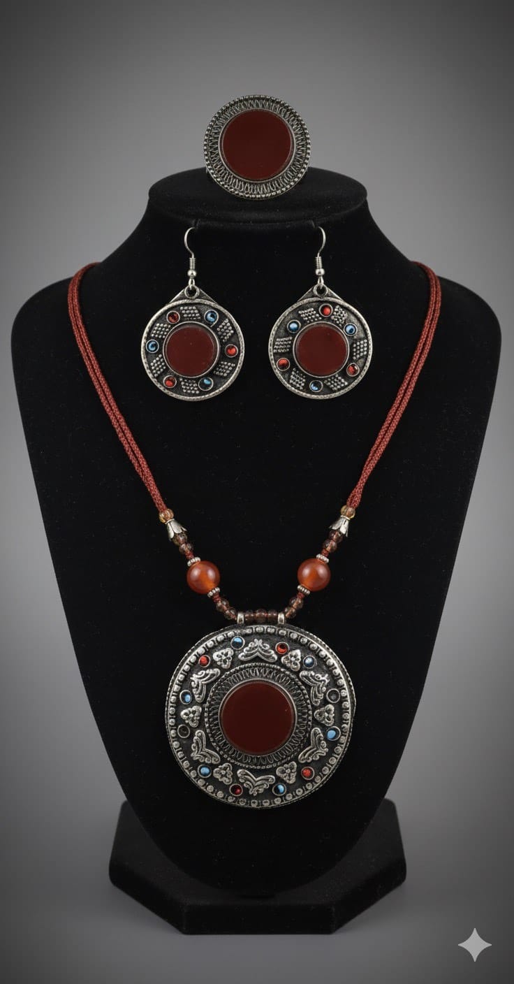 Red Turquoise Pendant |Traditional Vintage Style Necklace | Necklace, Hook Earrings