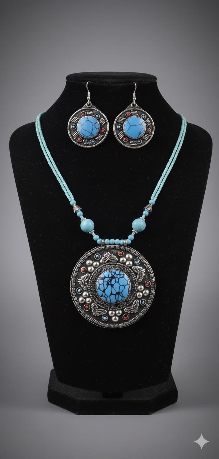 Antique Blue Turquoise Pendant|Traditional Style Necklace | Necklace, Hook Earrings