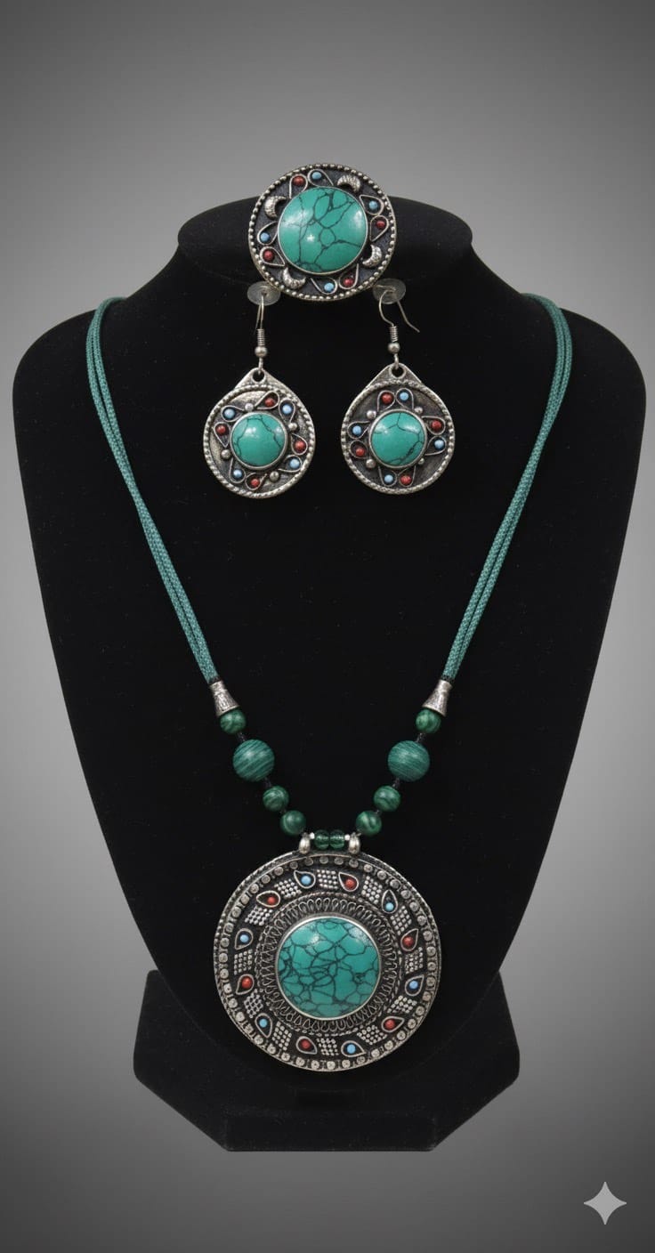 Vintage Green Turquoise Pendant|Traditional Style Necklace | Necklace, Hook Earrings