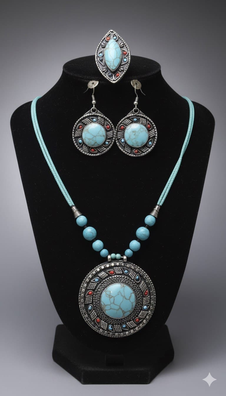 Antique Light Blue Turquoise Pendant Traditional Style Necklace | Necklace, Hook Earrings