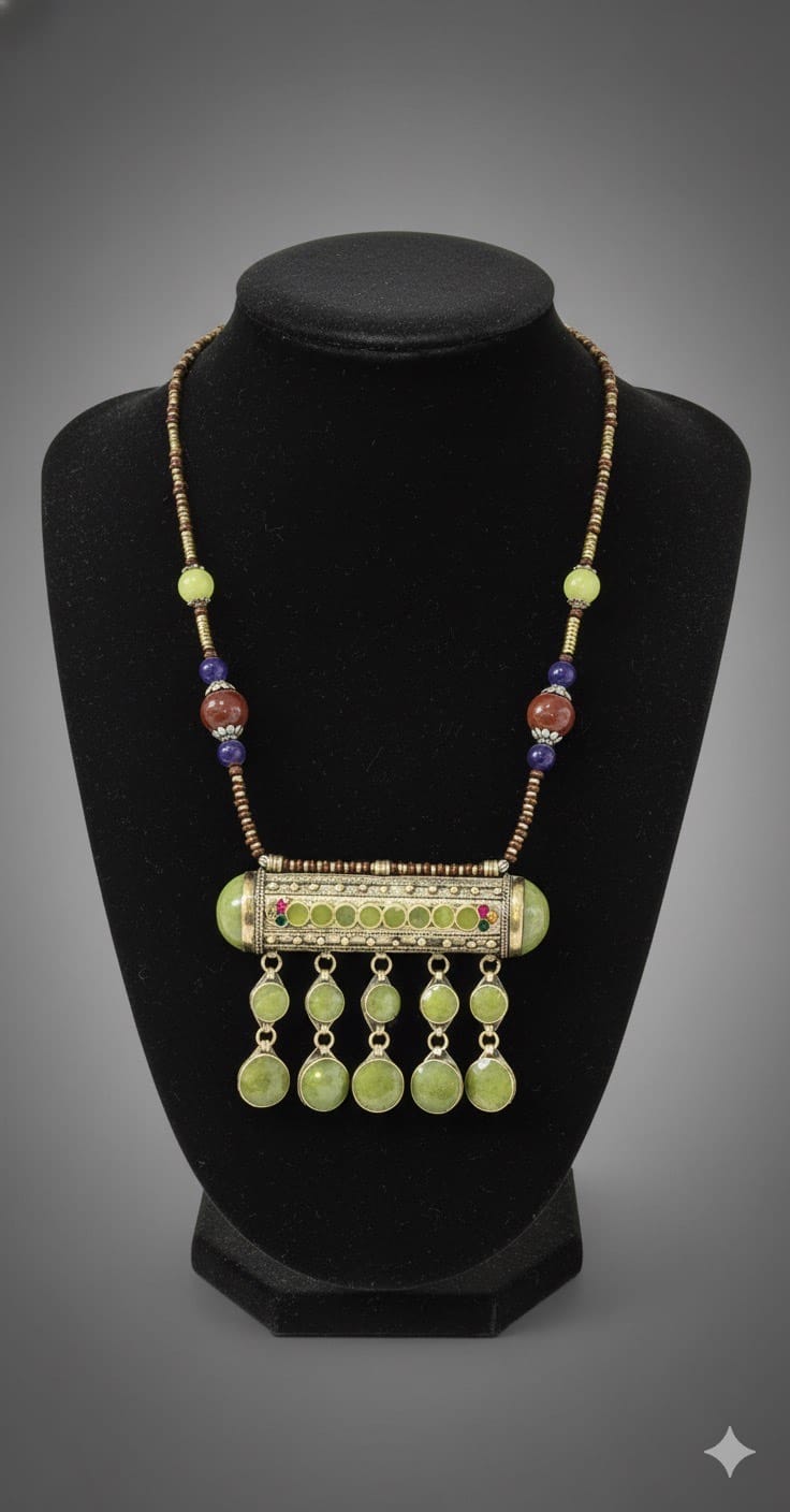 Tribal Afghan GreenBeaded Drop Pendant | Gilt Metal Lariat Locket