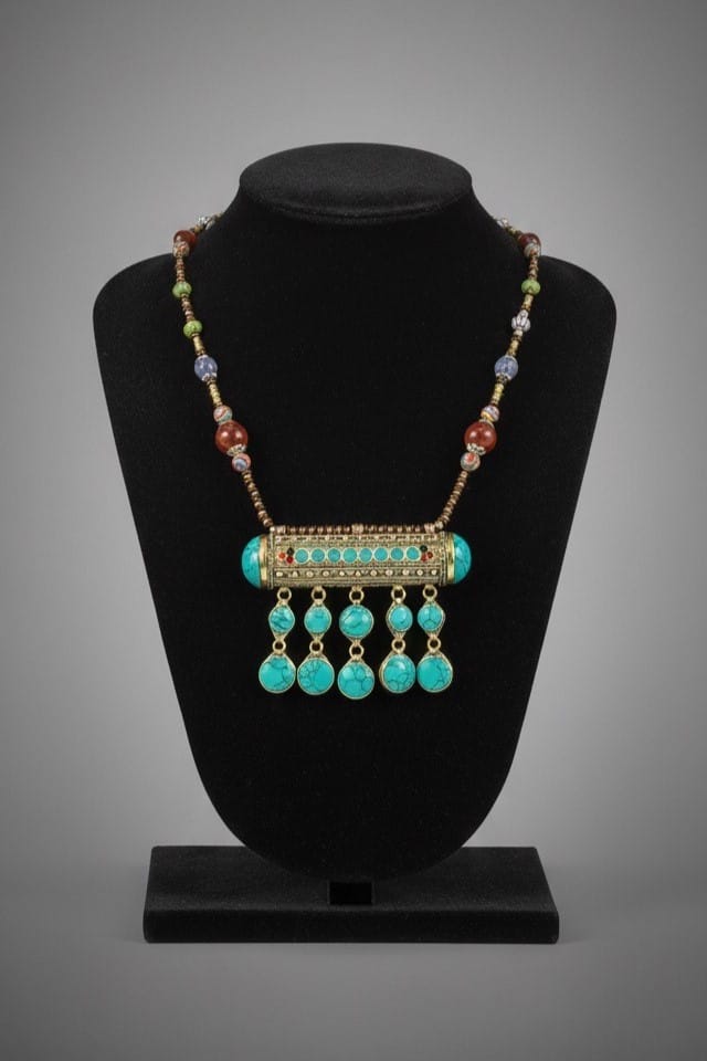 Tribal Afghan Blue Turqoise Beaded Drop Pendant | Gilt Metal Lariat Locket