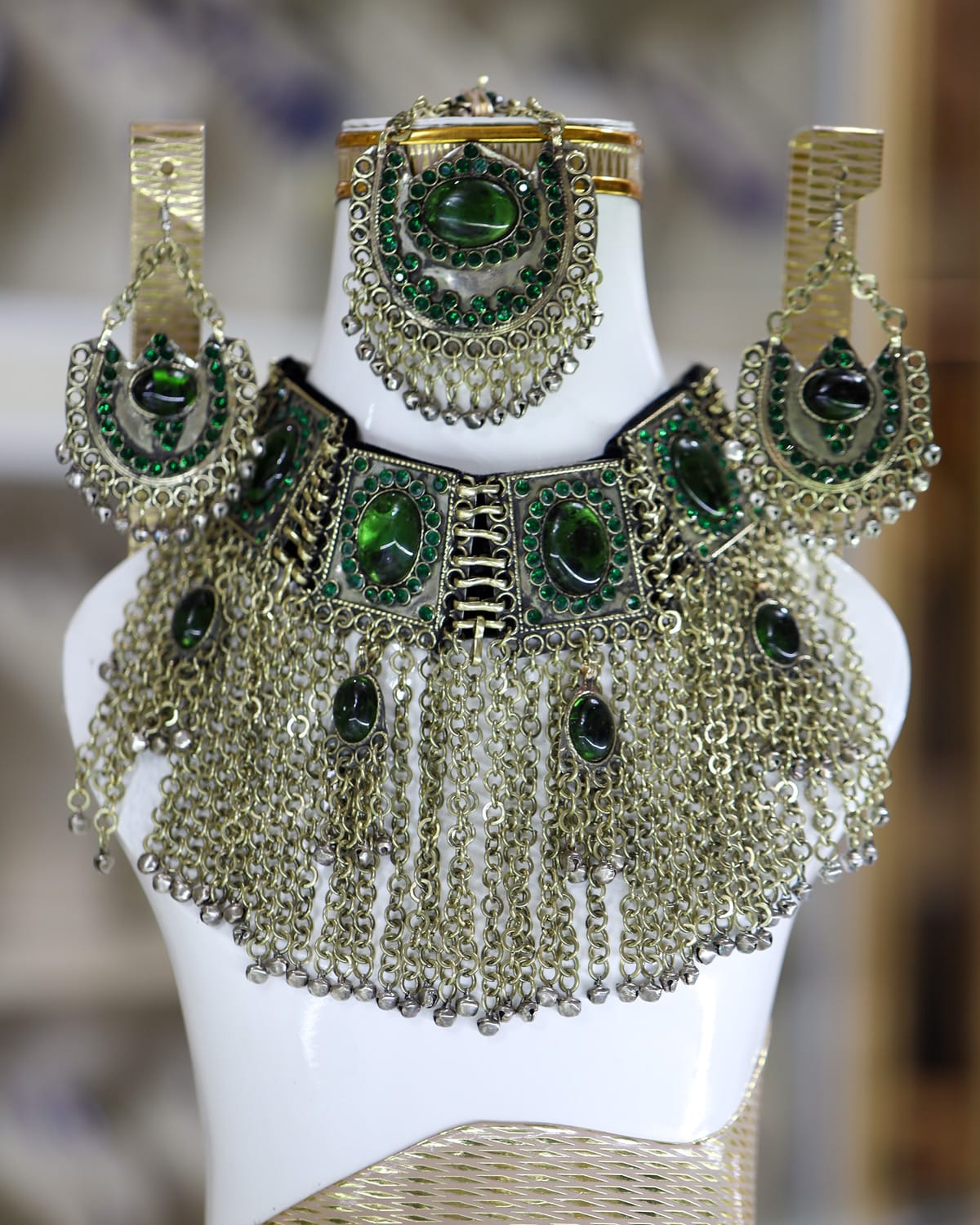 Afghan Green Crystal Rhodium Jewelry Set