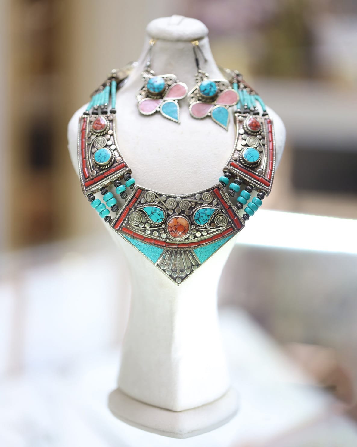 Turquoise Coral Necklace and Earrings Set