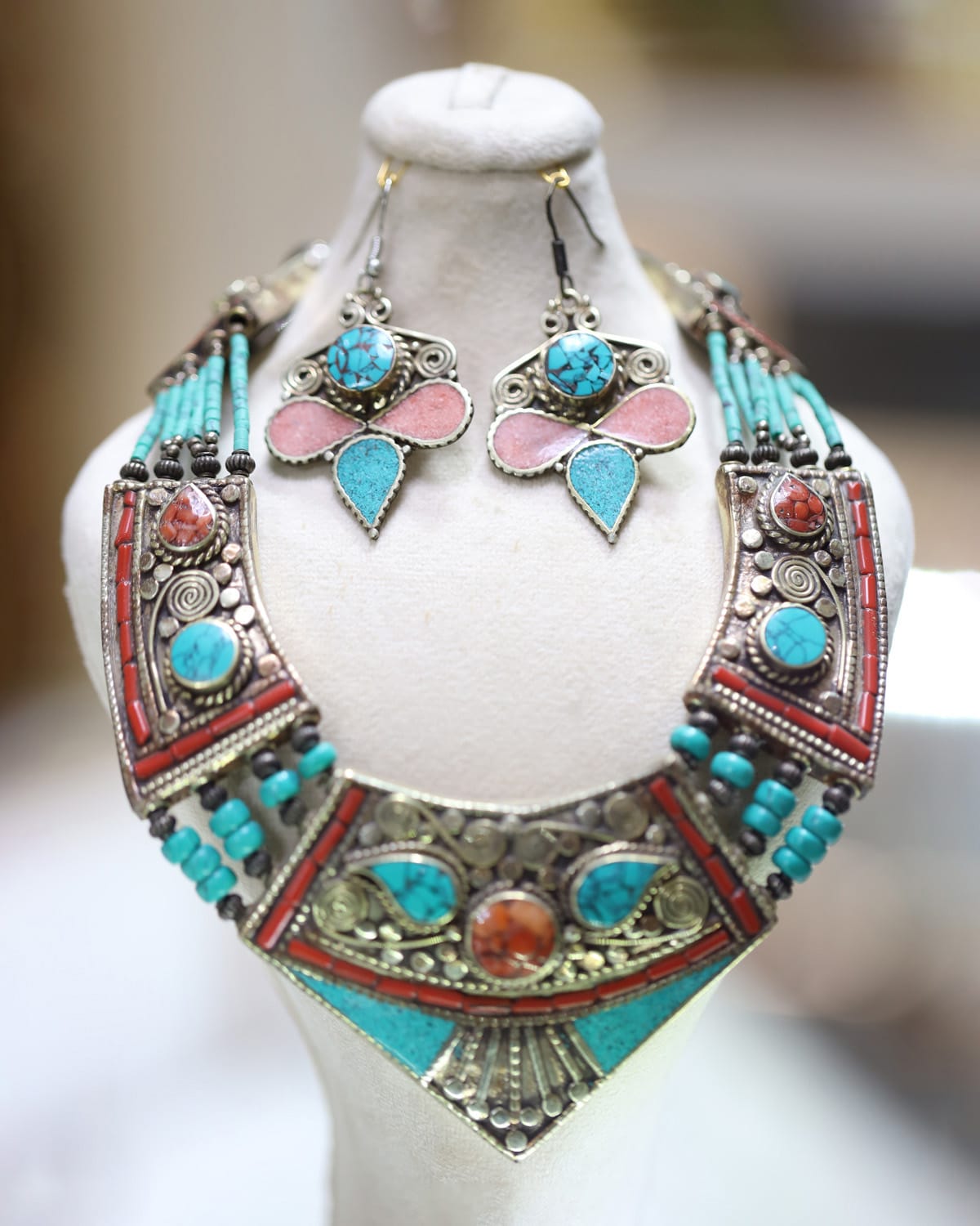 Turquoise Coral Necklace and Earrings Set