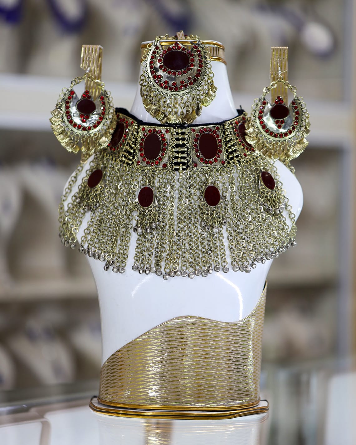 Handmade Afghan Red Jewelry Set – Traditional Bridal Necklace & Earrings in Brass