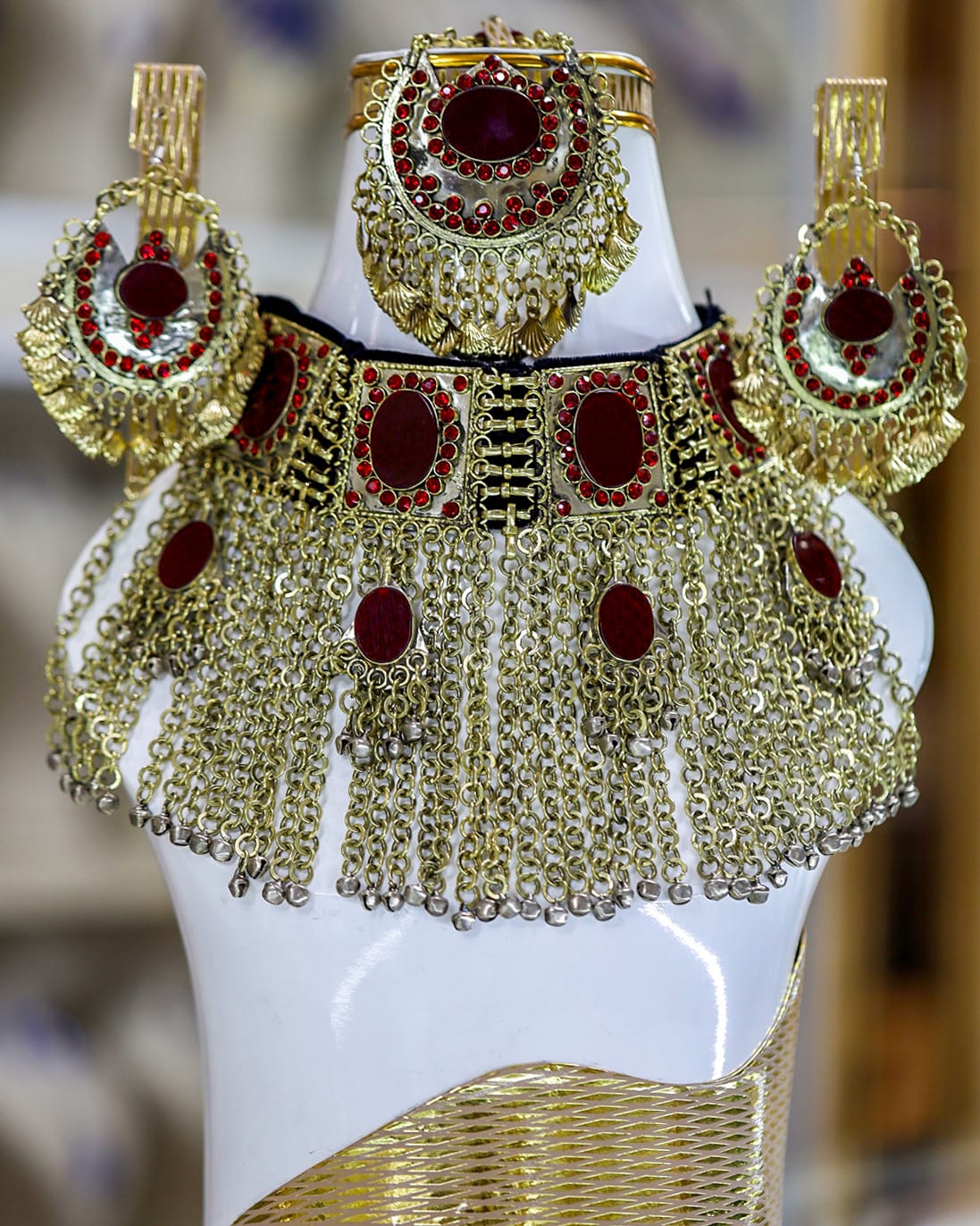 Handmade Afghan Red Jewelry Set – Traditional Bridal Necklace & Earrings in Brass