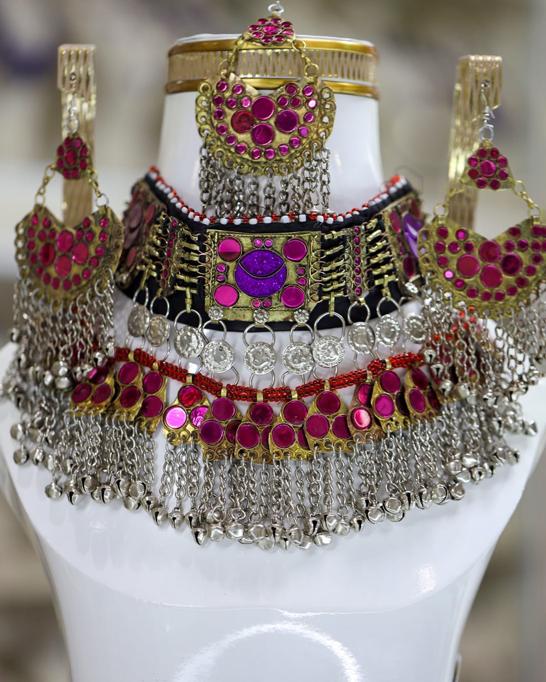 Afghan Kuchi Vibrant Pink Crystal full Jewelry Set