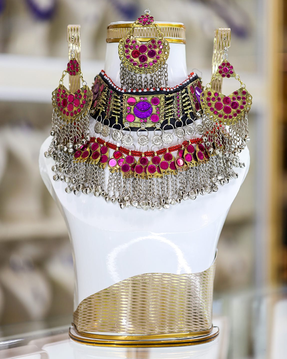 Afghan Kuchi Vibrant Pink Crystal full Jewelry Set