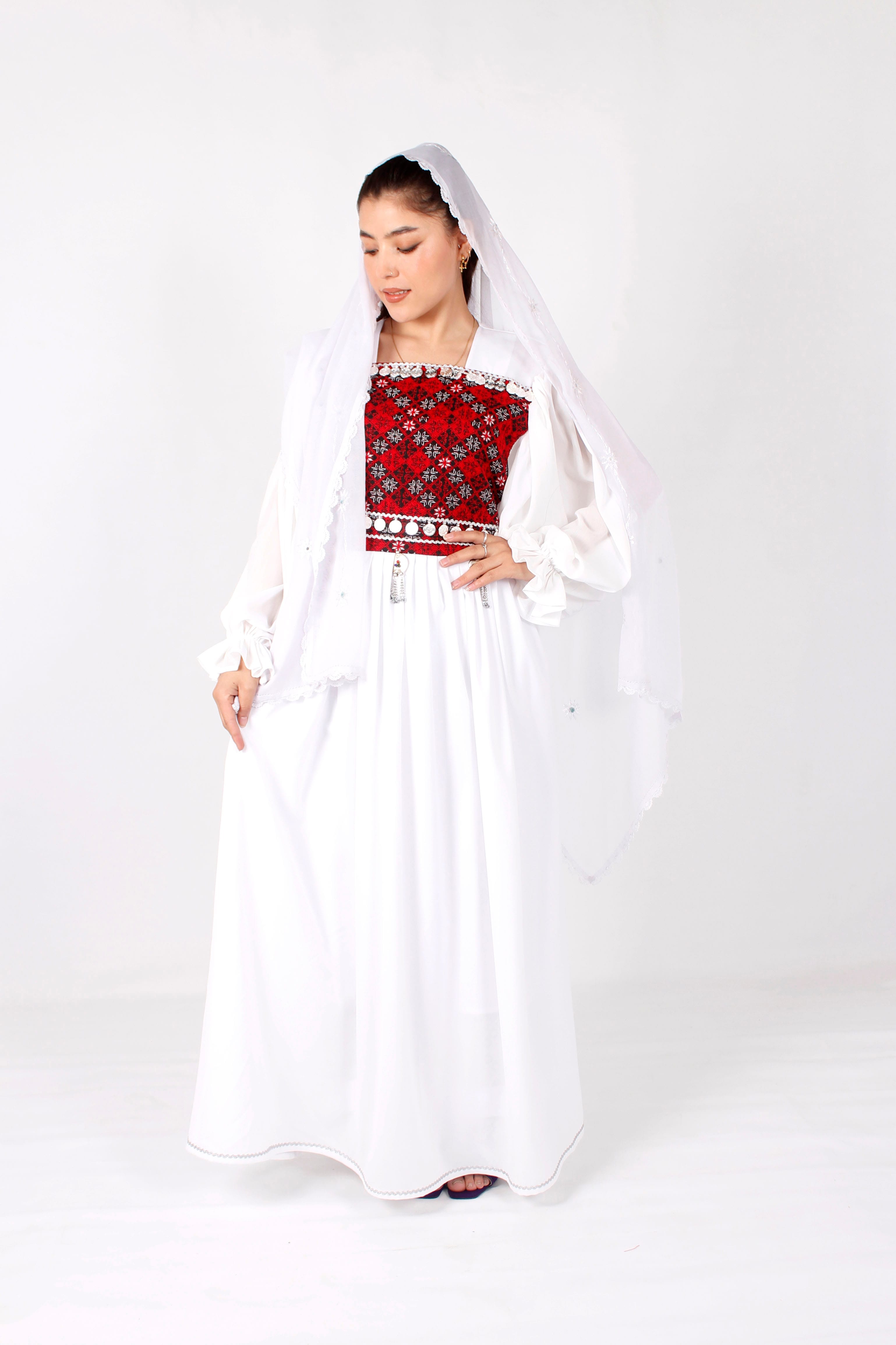 White Crepe Afghan Long Dress with Machine Embroidery & Coins