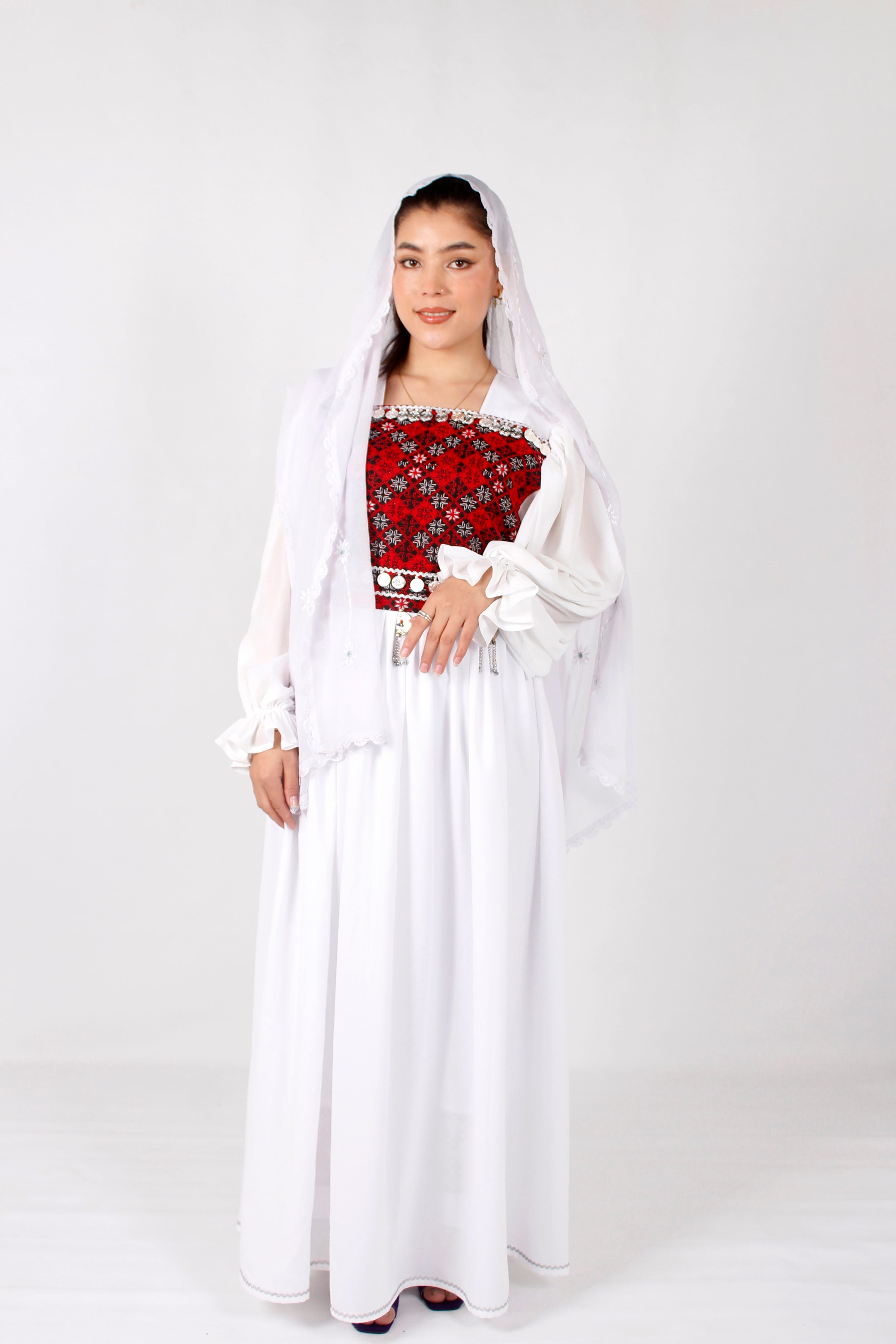 White Crepe Afghan Long Dress with Machine Embroidery & Coins