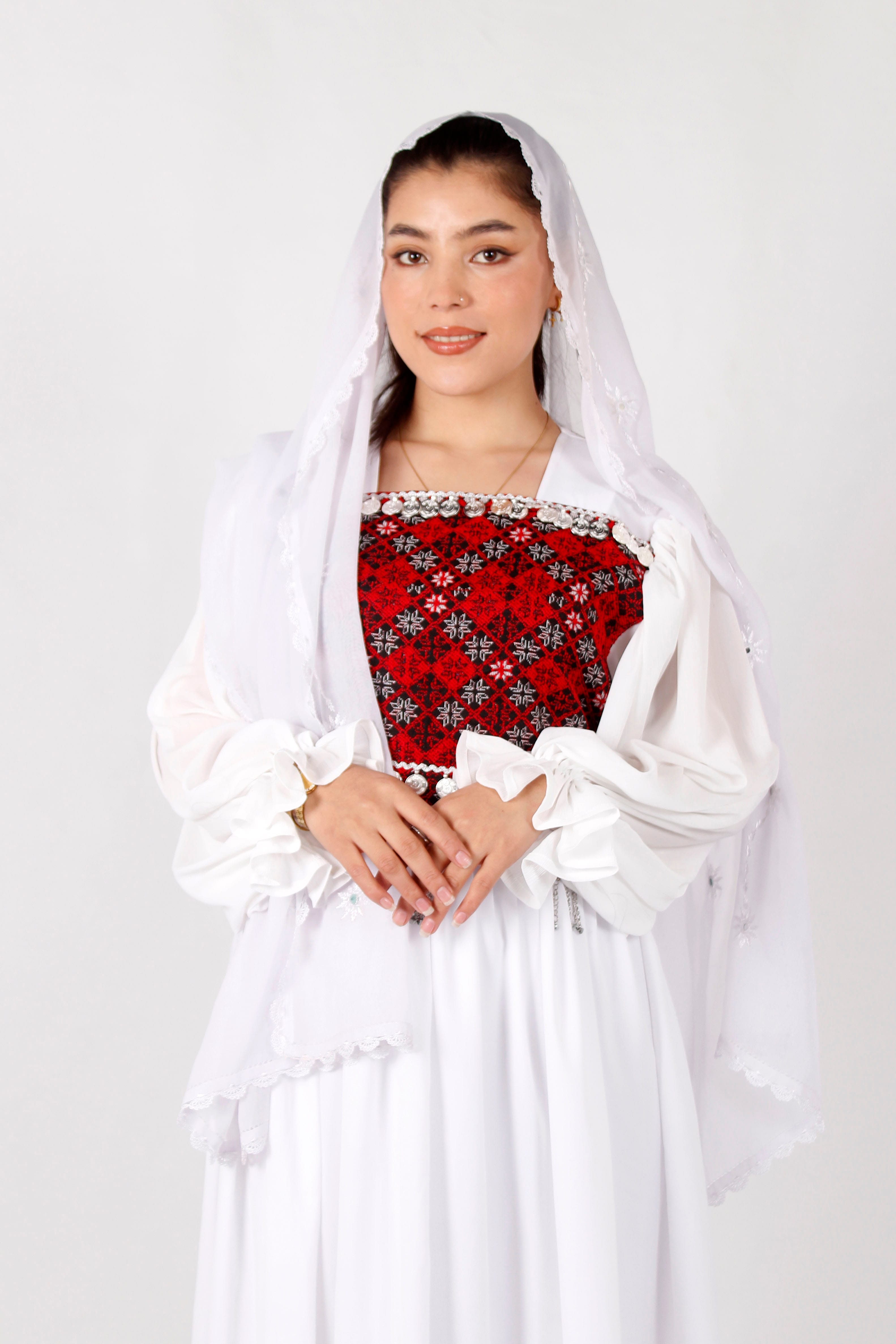 White Crepe Afghan Long Dress with Machine Embroidery & Coins