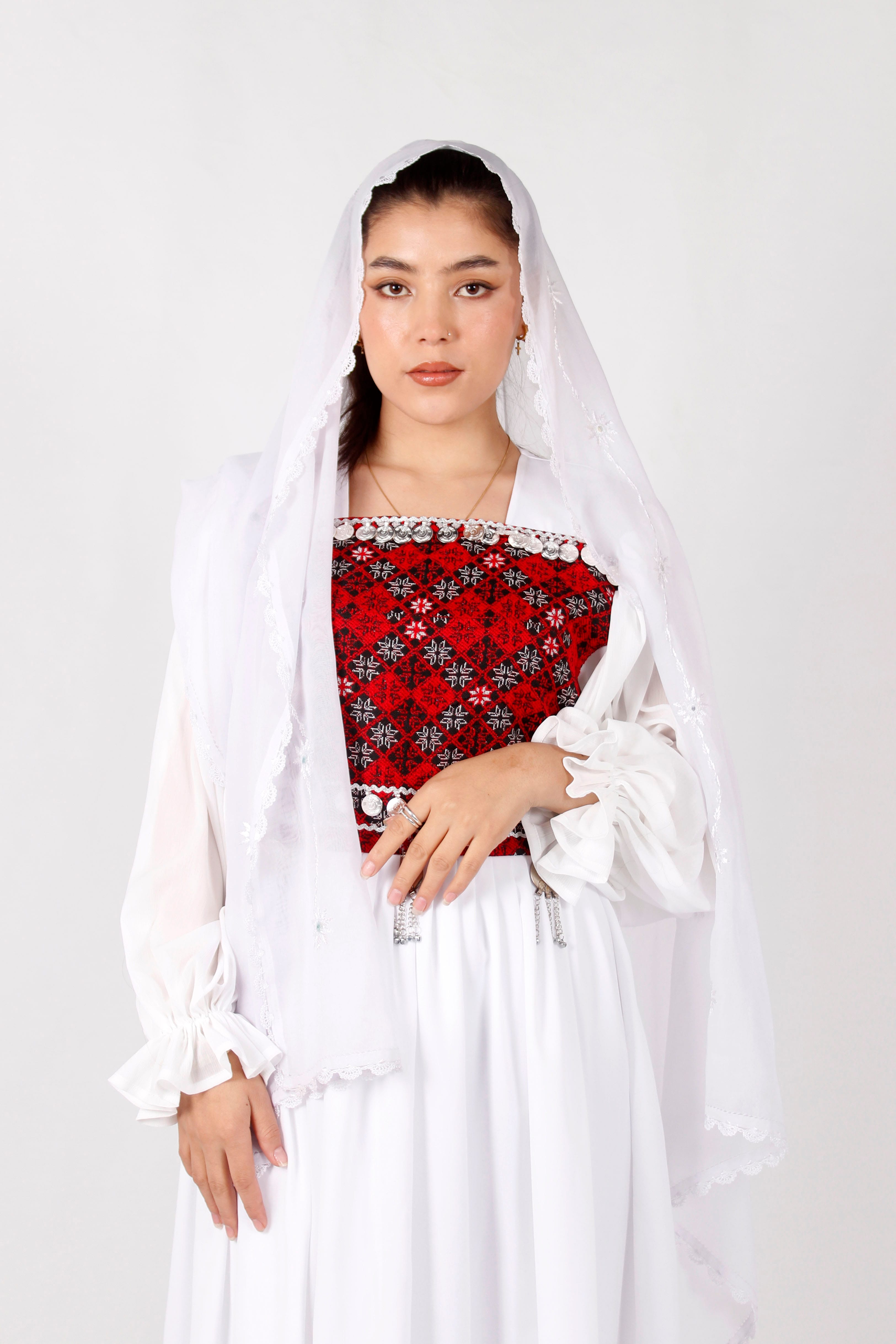White Crepe Afghan Long Dress with Machine Embroidery & Coins