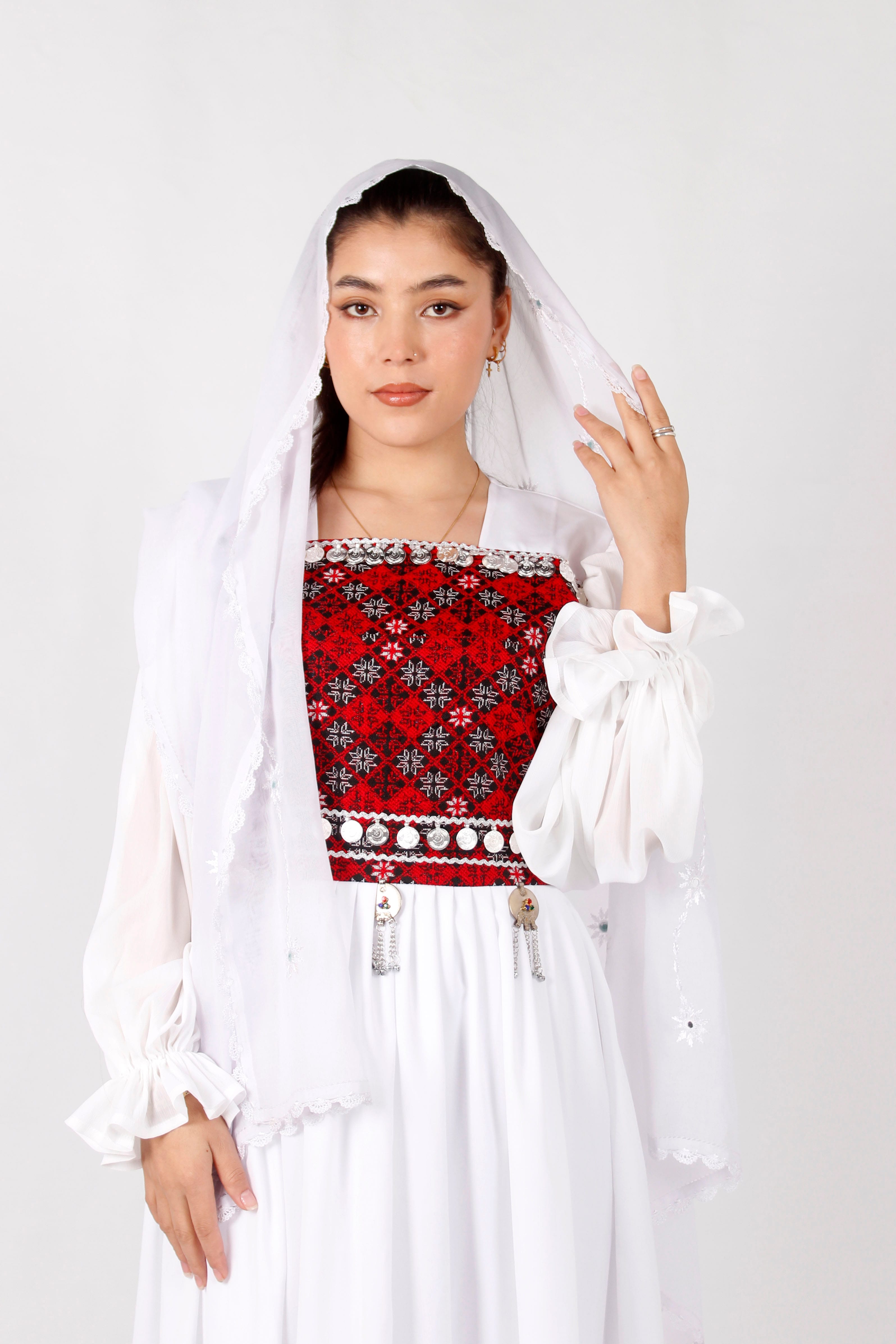 White Crepe Afghan Long Dress with Machine Embroidery & Coins