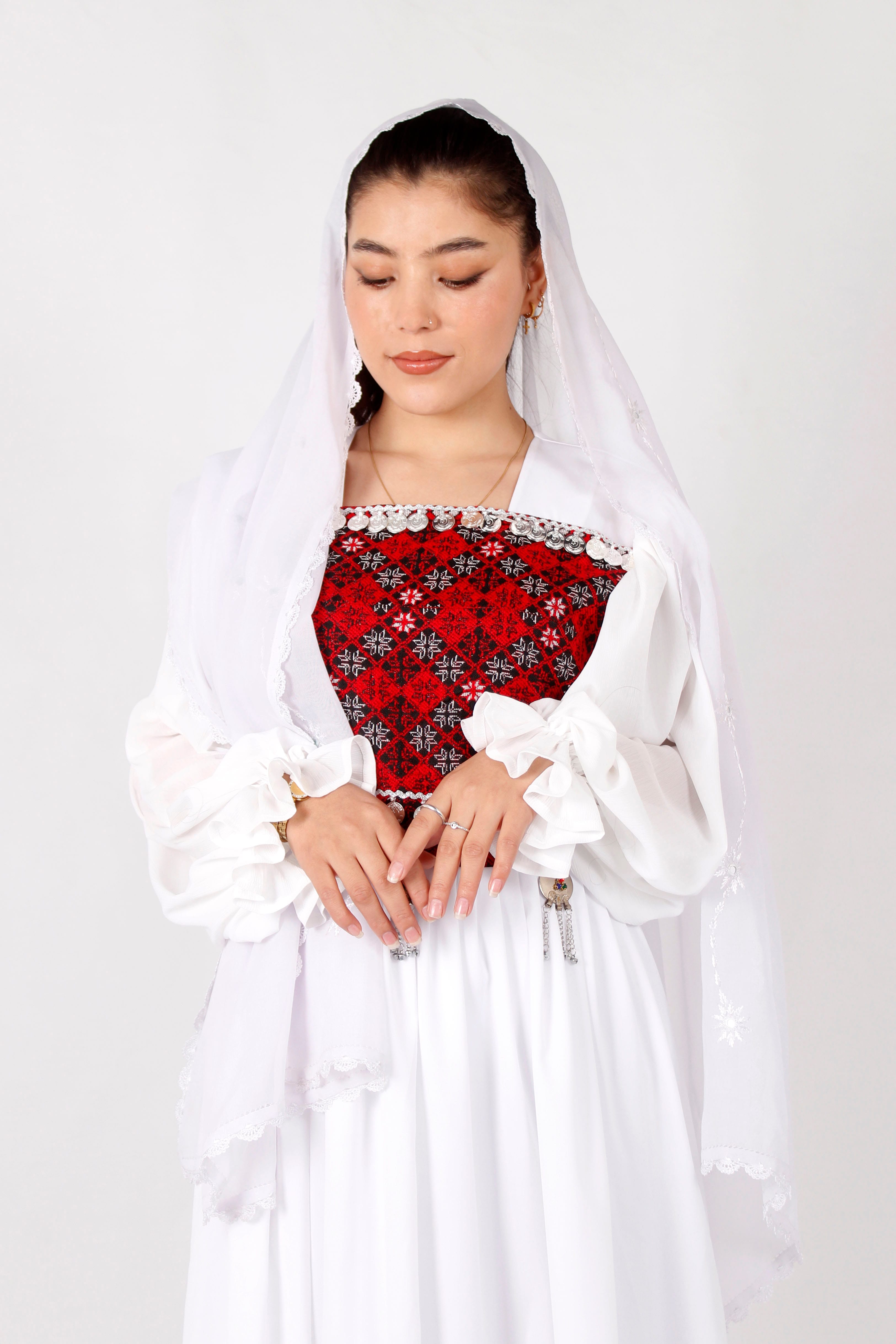 White Crepe Afghan Long Dress with Machine Embroidery & Coins