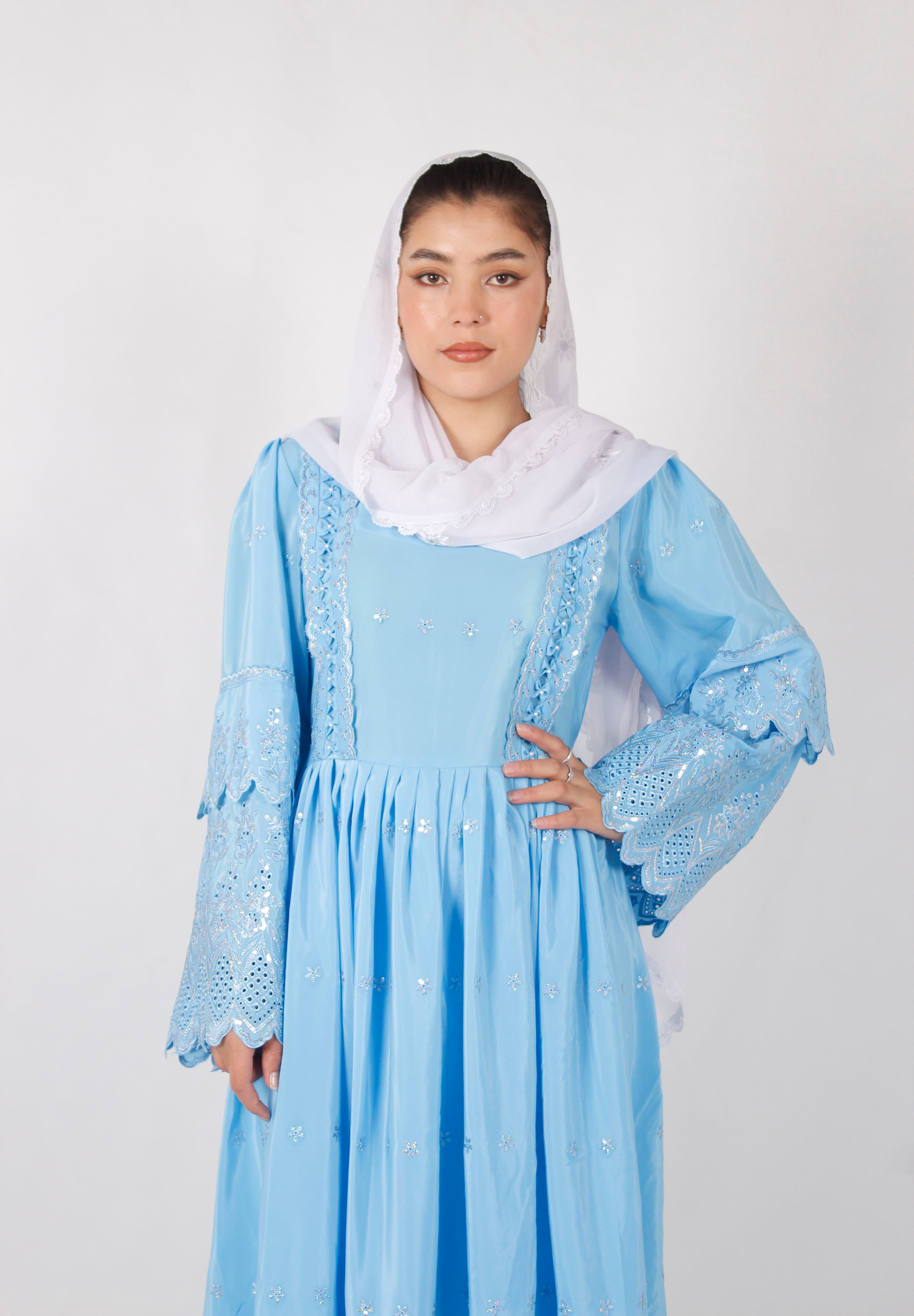 Hazaragi Crepe Long Dress with Shawl & Machine Embroidery (Custom Colors & Sizes)
