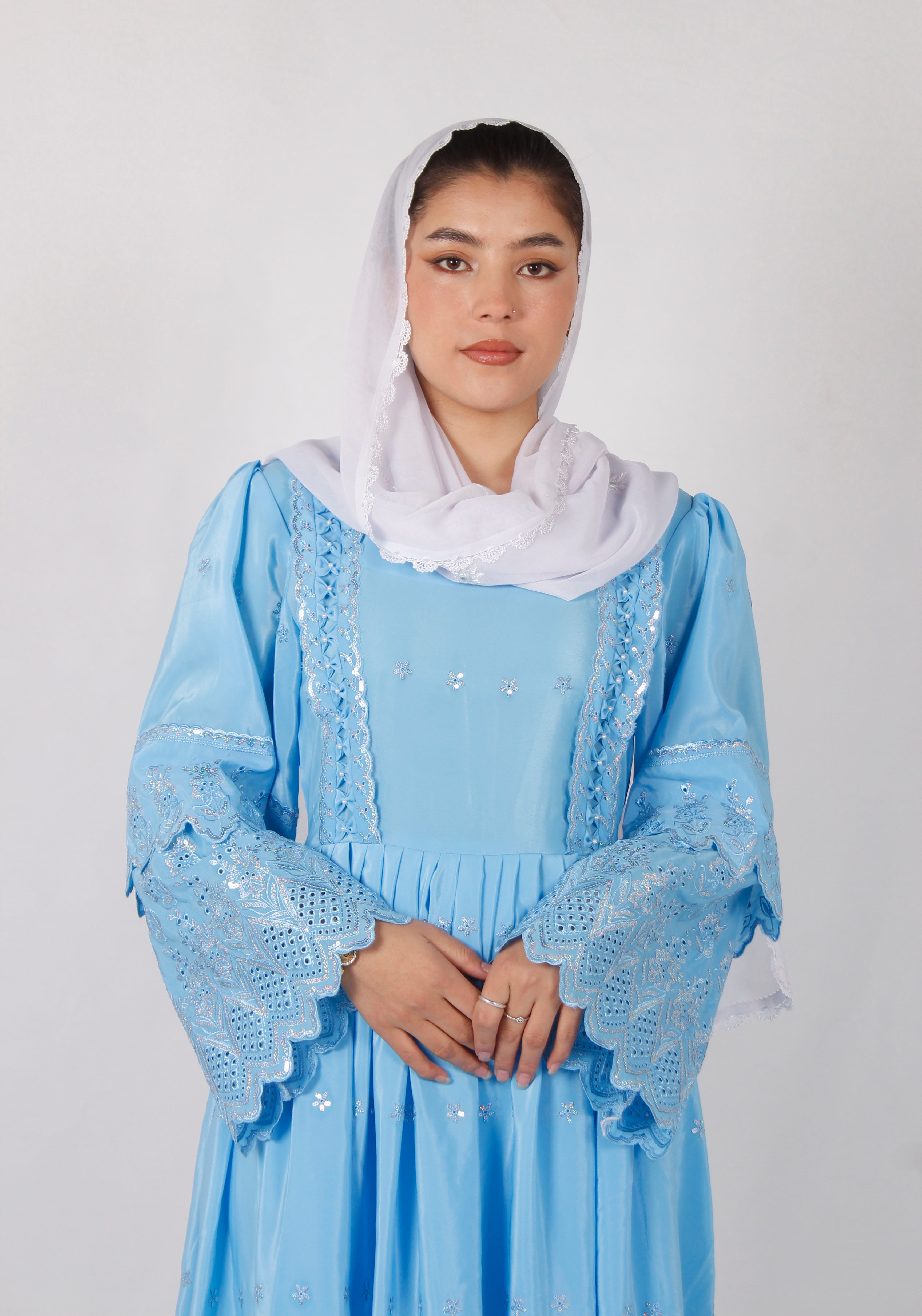 Hazaragi Crepe Long Dress with Shawl & Machine Embroidery (Custom Colors & Sizes)