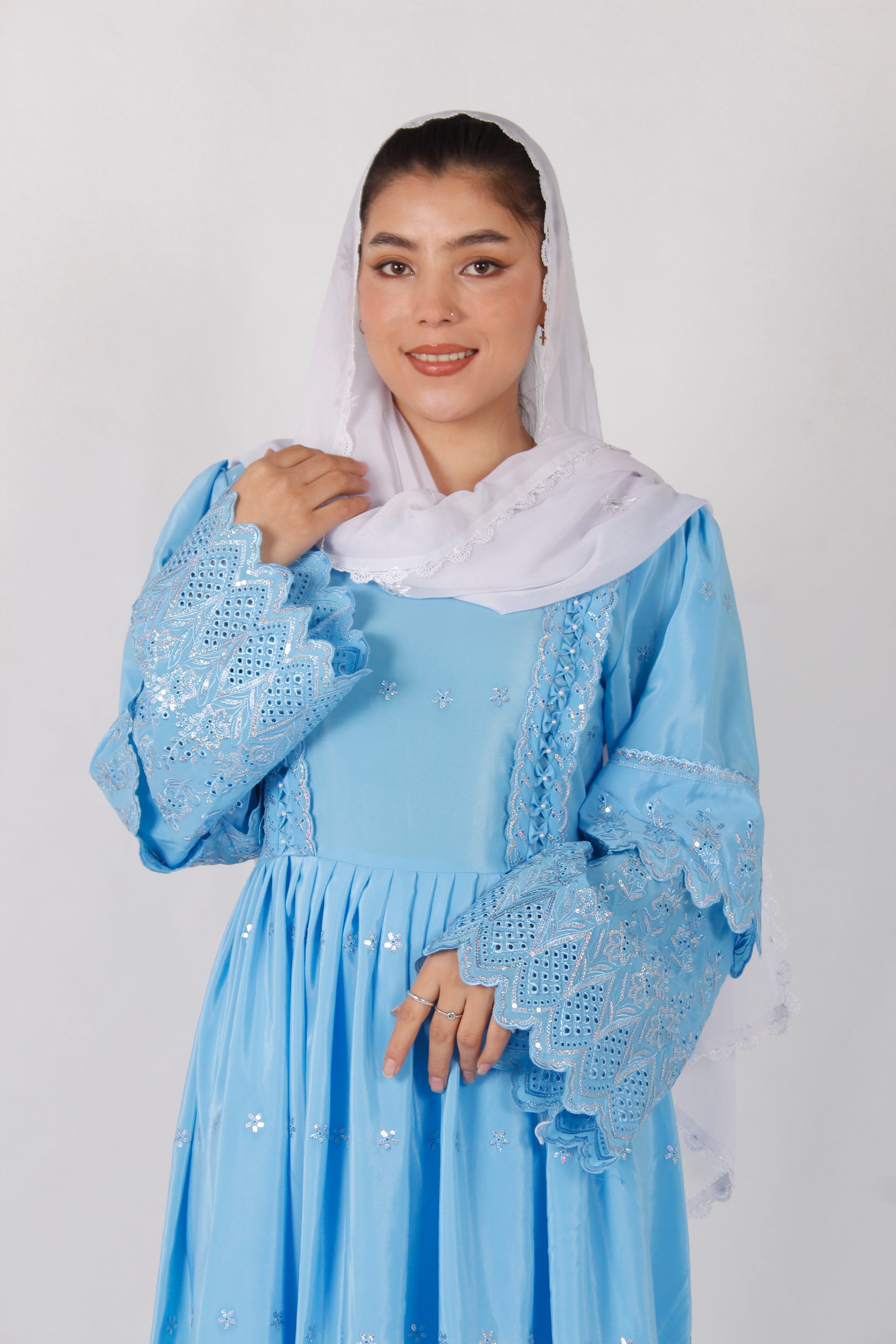 Hazaragi Crepe Long Dress with Shawl & Machine Embroidery (Custom Colors & Sizes)