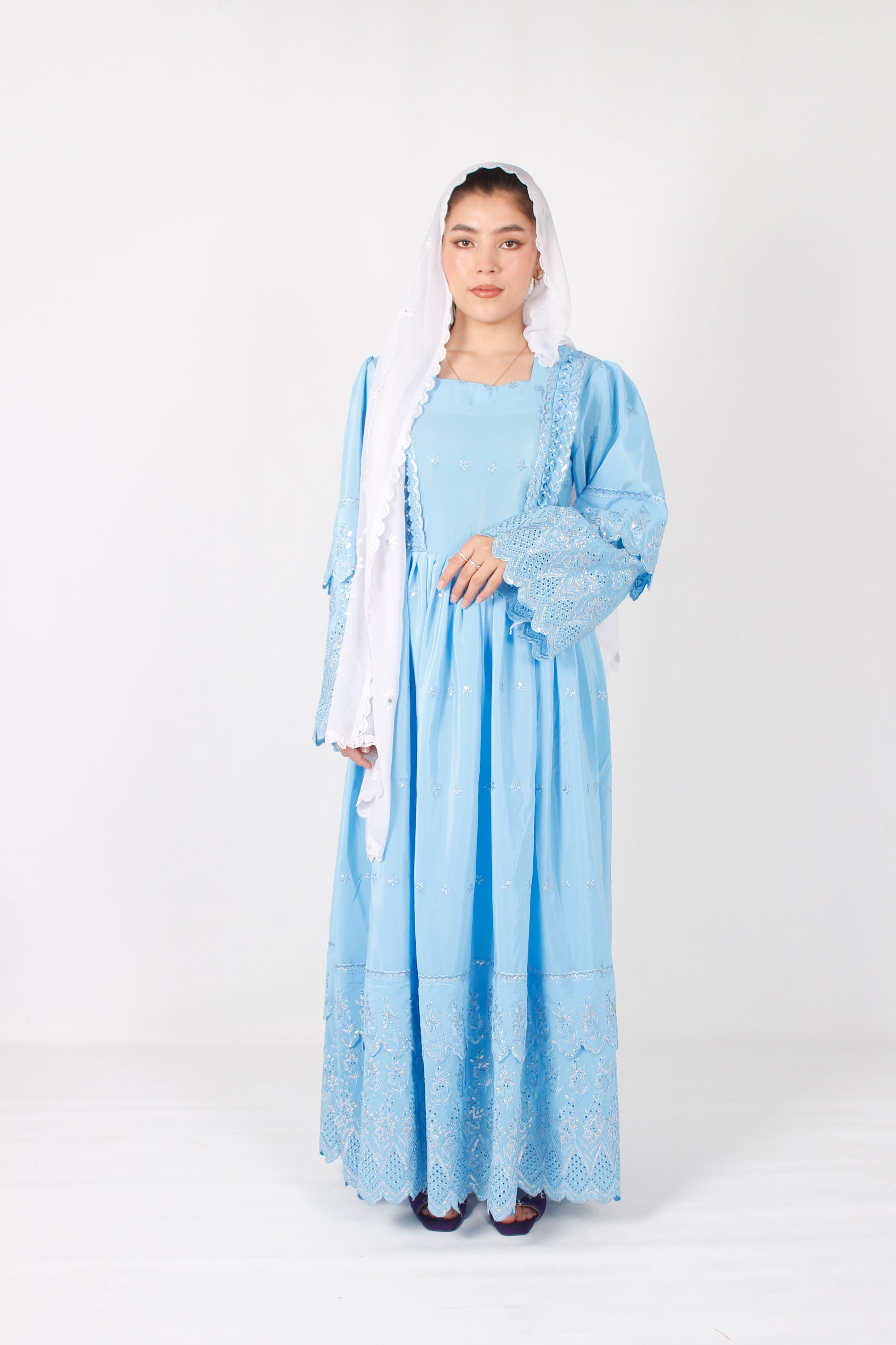 Hazaragi Crepe Long Dress with Shawl & Machine Embroidery (Custom Colors & Sizes)