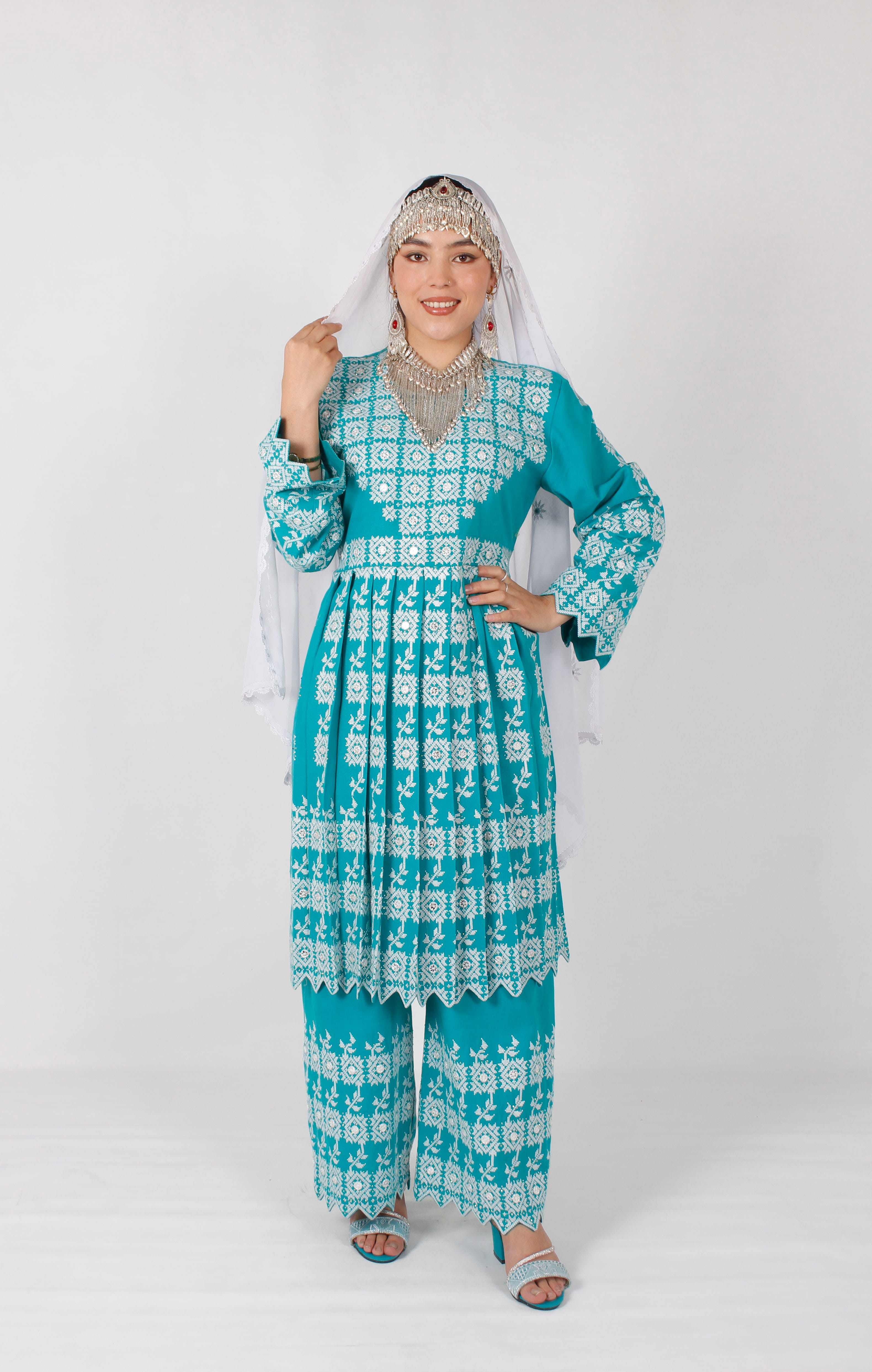 Hazaragi Cotton Embroidered Outfit Set with Mirror Work & Handmade Shawl