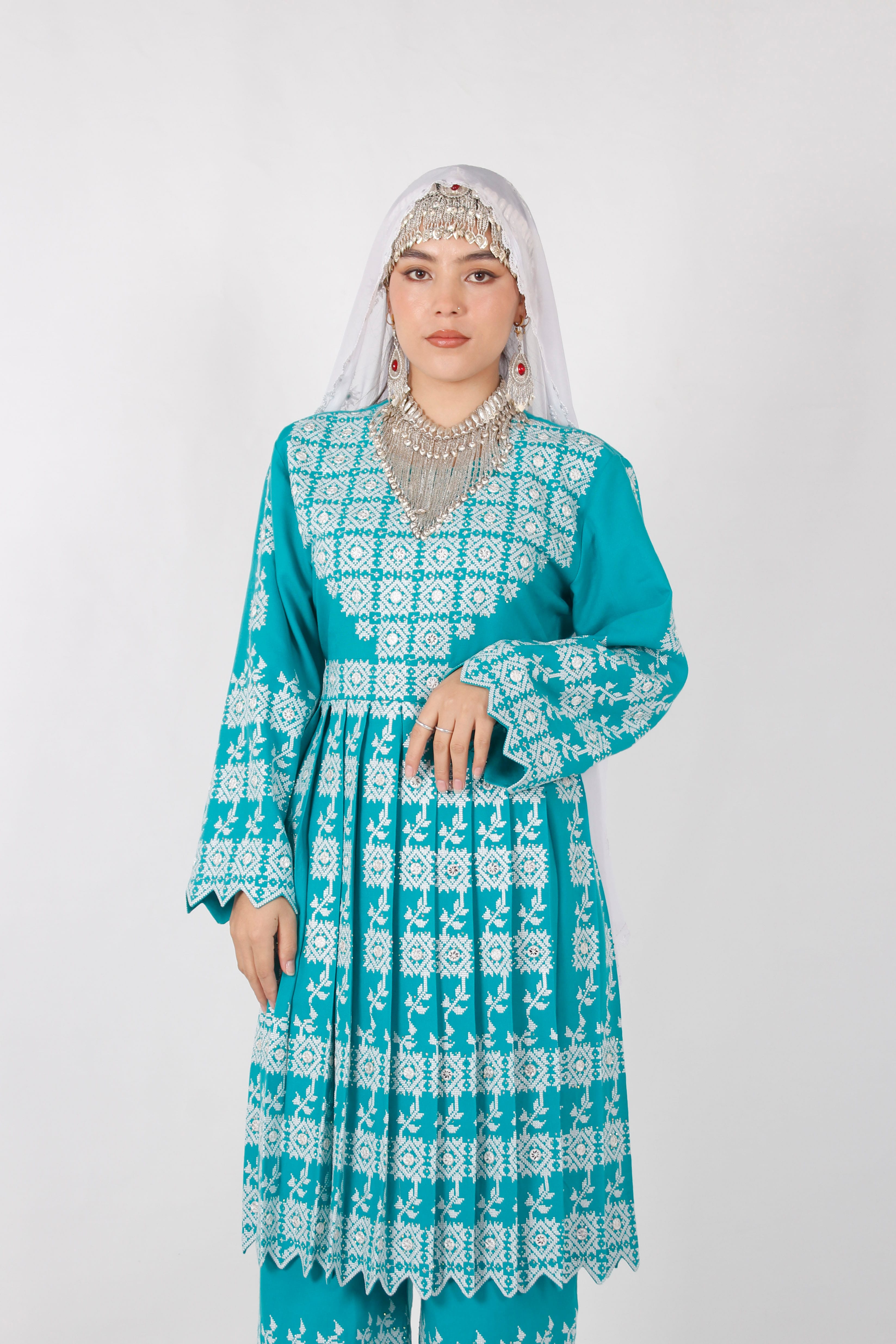Hazaragi Cotton Embroidered Outfit Set with Mirror Work & Handmade Shawl